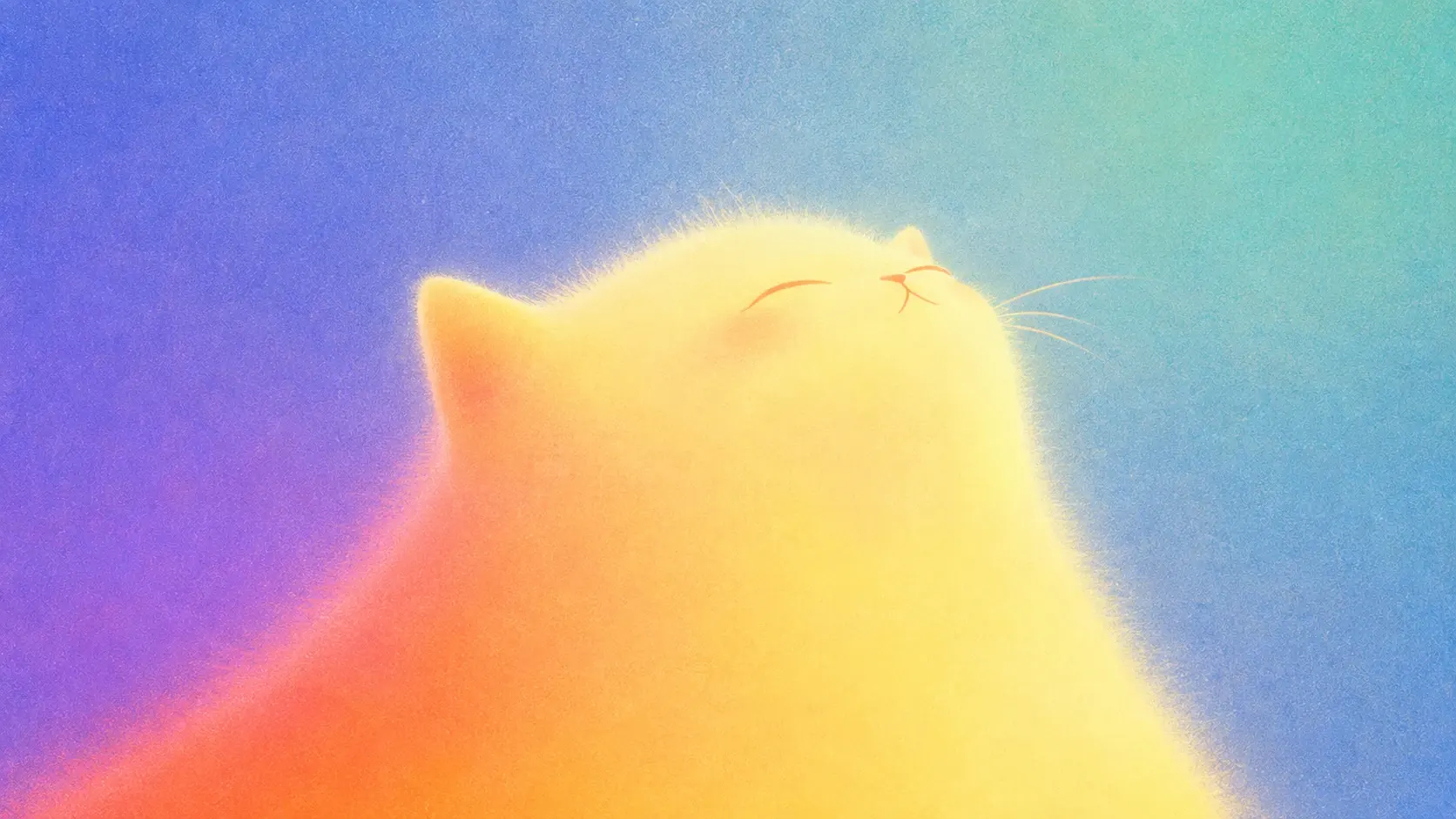 16:9 landscape, surreal minimalist close-up of an enormous soft fuzzy cream-colored cat occupying the lower and central portion of the frame, head tilted upward with eyes gently closed, tiny minimal mouth and a few extremely fine whiskers, oversized rounded silhouette extending beyond the bottom edge, fur glowing from pale yellow and warm cream into peach and coral along the lower body, background an abstract soft gradient of cyan, muted turquoise, lavender and dusty blue, intense atmospheric diffusion, fuzzy glowing outline, slight overexposure, soft chromatic color bleeding, heavy fine grain and subtle halftone noise, dreamlike analog-digital texture, almost abstract, no detailed anatomy, no realistic photography, no text.
