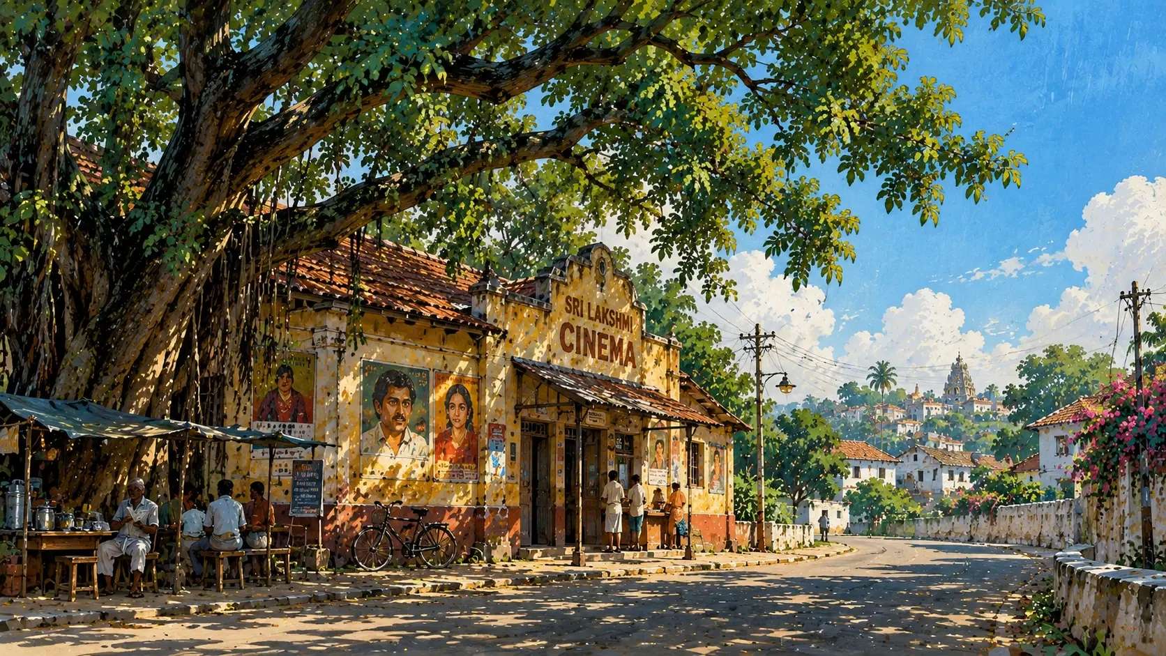 A nostalgic retro hand-painted illustration of a tiny old single-screen cinema tucked beneath an enormous rain tree on a quiet Indian street. The cinema building is faded pale yellow with a deep red tiled roof, hand-painted movie posters covering the walls, a tiny ticket window, wooden doors and a weathered signboard. A gigantic dark tree grows directly beside the building, its enormous canopy spreading across the entire upper-left portion of the image. A few bicycles are parked outside, a tea stall sits underneath the tree, and two tiny people stand near the entrance. The street curves away toward a distant cluster of old houses and telephone poles. Warm late-afternoon sunlight filters through the leaves, creating irregular pools of light across the pavement. Keep the right half relatively open and softly detailed for hero typography, with pale sky and distant architecture rather than dense foliage. Rich dusty reds, faded mustard, deep green, muted blue and warm cream. Retro handmade gouache and watercolor, expressive ink outlines, slightly rough hand-drawn architecture, visible brush texture, vintage Indian illustrated-book and animation-background aesthetic, tactile paper grain, subtle pigment variation, full-bleed, absolutely no border, no frame, no yellow decorative edges, no photorealism, 16:9 hero composition.