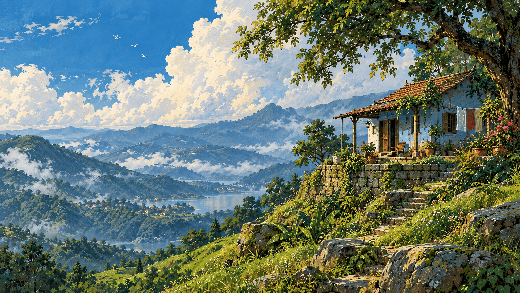 A poetic wide hand-painted landscape of a single small cobalt-blue house perched halfway up a vast green hillside, surrounded by wild grass, flowering shrubs and a few tall slender trees. The house has a tiny veranda, red clay roof, open windows and a clothesline moving in the wind. A narrow stone staircase zigzags up the hillside from the bottom-left toward the house. Beyond it, enormous layered blue-green mountains fade into pale atmospheric mist. The sky occupies almost half the composition with huge soft white clouds drifting through brilliant muted blue. No village, no temple, no river, no dense jungle. The image is about one tiny architectural subject surrounded by enormous nature. Place the house toward the far-right third and leave the left half as relatively quiet hillside and sky for website text. Vintage handmade gouache landscape, Indian countryside storybook illustration, loose ink contours, visible dry-brush grass, watercolor washes, imperfect painted shapes, natural paper texture, subtle pencil marks, rich but slightly muted greens and cobalt blue, analog illustration feel, full-bleed artwork, no frame, no border, no postcard styling, 16:9.