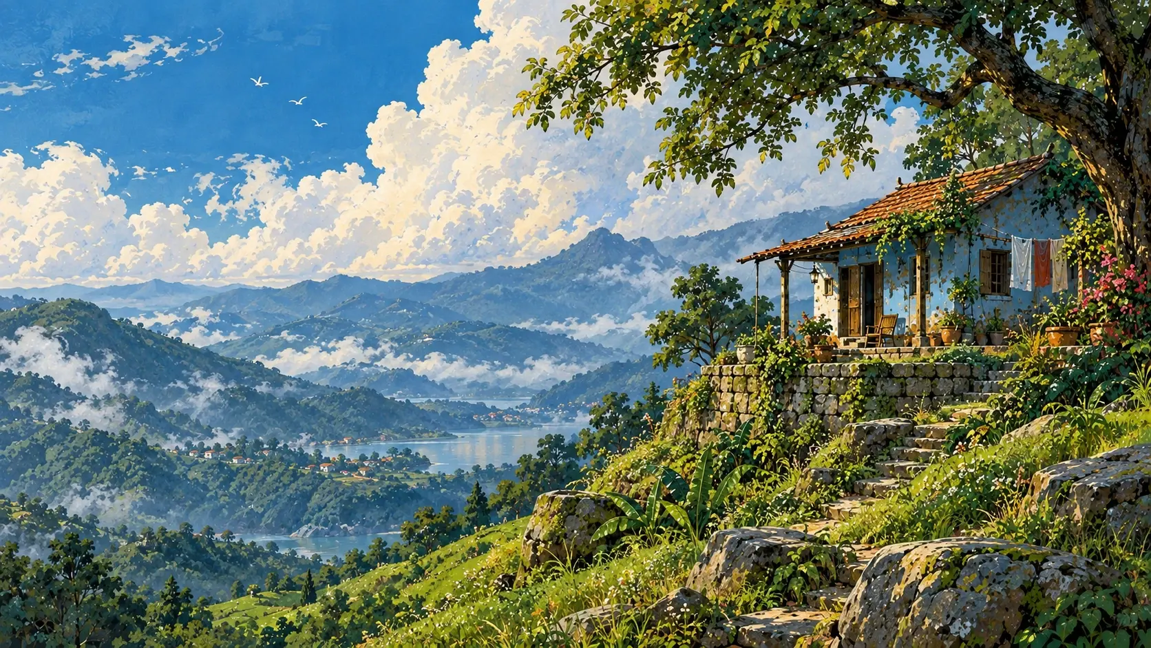 A poetic wide hand-painted landscape of a single small cobalt-blue house perched halfway up a vast green hillside, surrounded by wild grass, flowering shrubs and a few tall slender trees. The house has a tiny veranda, red clay roof, open windows and a clothesline moving in the wind. A narrow stone staircase zigzags up the hillside from the bottom-left toward the house. Beyond it, enormous layered blue-green mountains fade into pale atmospheric mist. The sky occupies almost half the composition with huge soft white clouds drifting through brilliant muted blue. No village, no temple, no river, no dense jungle. The image is about one tiny architectural subject surrounded by enormous nature. Place the house toward the far-right third and leave the left half as relatively quiet hillside and sky for website text. Vintage handmade gouache landscape, Indian countryside storybook illustration, loose ink contours, visible dry-brush grass, watercolor washes, imperfect painted shapes, natural paper texture, subtle pencil marks, rich but slightly muted greens and cobalt blue, analog illustration feel, full-bleed artwork, no frame, no border, no postcard styling, 16:9.