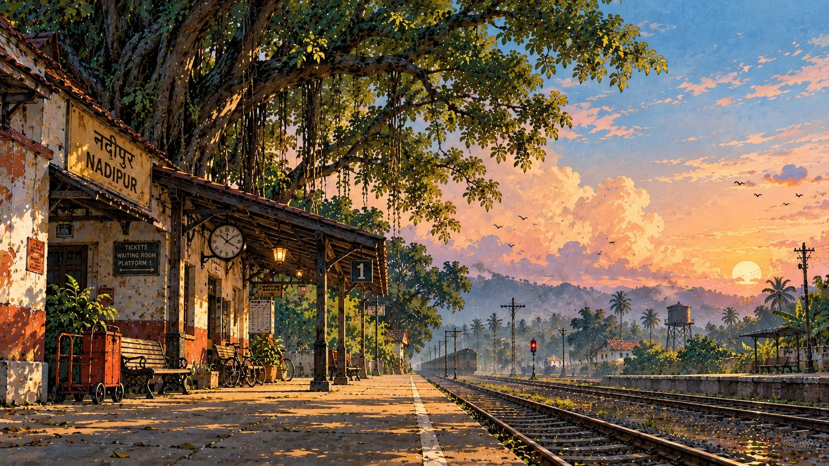 A cinematic retro hand-painted illustration of a small rural Indian railway station just before sunrise. The composition is viewed from the end of an empty platform, with an old cream-and-red station building occupying the far-left side and a long railway track stretching diagonally from the foreground toward the distant horizon. A single enormous banyan tree grows beside the station, its roots and branches spreading across the upper-left. A few wooden benches, a red luggage trolley, an old bicycle and a hanging station clock create small environmental details. One tiny stationary train is barely visible in the distance through morning mist. The sky is pale peach, dusty blue and soft grey, gradually becoming brighter toward the horizon. Keep the upper-right sky and distant tracks visually quiet, creating a natural area for hero typography. No dramatic mountains or tropical jungle. Retro Indian railway illustration, handmade gouache and watercolor, expressive ink linework, vintage animation background, slightly imperfect perspective, dry-brush textures, paper grain, muted red, faded cream, dusty blue and olive green palette, subtle analog print texture, full-bleed, no border, no frame, no yellow edges, 16:9 cinematic hero image.