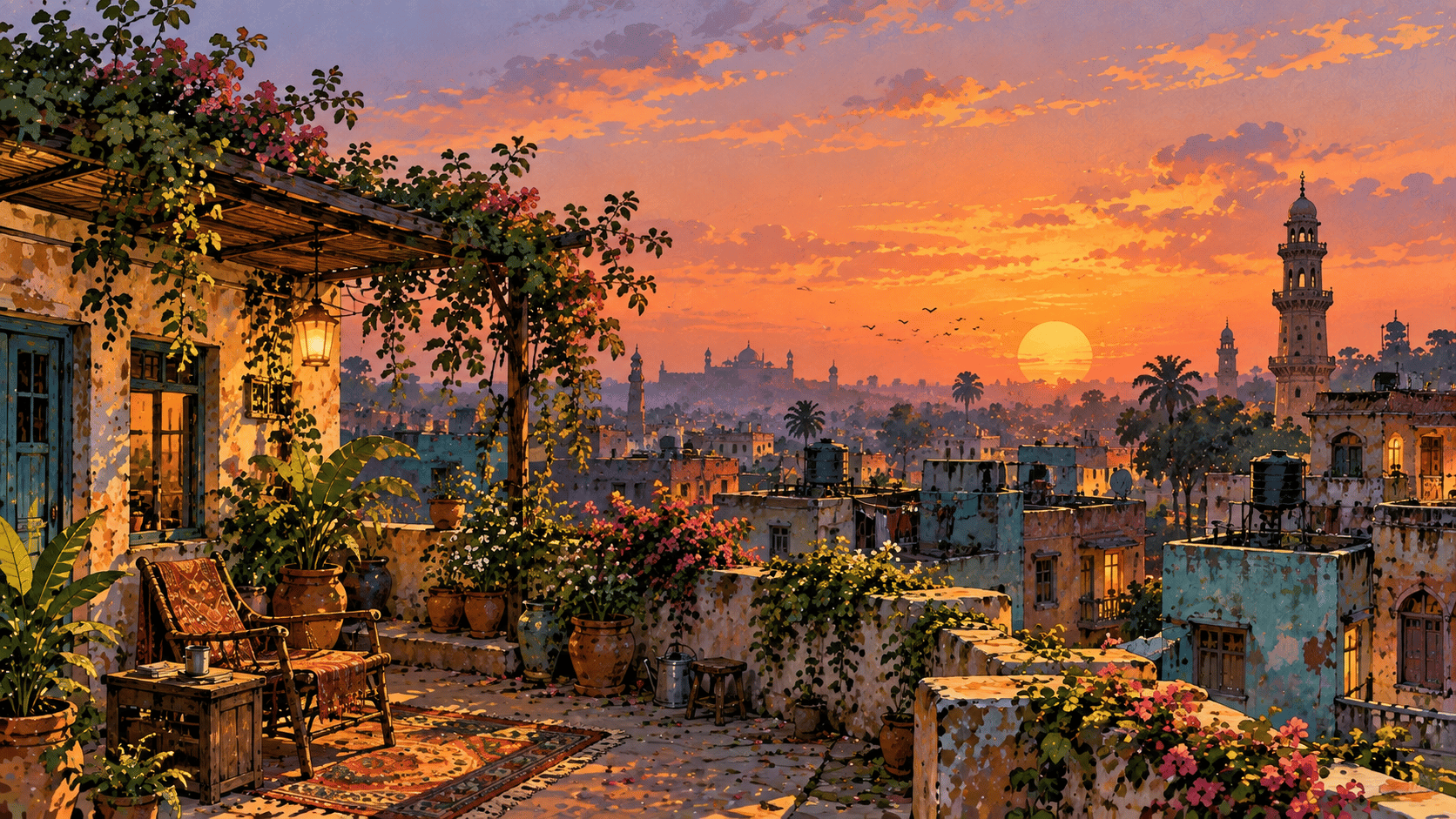 A richly detailed vertical-feeling landscape designed as a wide website hero, showing the rooftop of an old Indian house at sunset. The foreground contains a low weathered parapet covered with terracotta pots, flowering jasmine, climbing vines, a metal watering can, rolled sleeping mats and a wooden chair. Beyond the rooftop, layers of tightly packed old buildings with faded turquoise, peach, cream and terracotta walls create a dense cityscape. Small balconies, water tanks, laundry lines, satellite dishes and tiny windows add everyday details. A large orange sun hangs low behind distant buildings, while birds cross the warm dusty sky. One tall old minaret rises in the far background as a subtle vertical accent. Keep the left-center portion of the sky relatively uncluttered for hero text, while the detailed rooftop anchors the bottom-right. Handmade retro gouache illustration, vintage Indian urban storybook aesthetic, expressive ink contours, rough painted walls, visible brush marks, watercolor texture, slightly faded pigments, warm evening palette, tactile paper grain, full-bleed composition, no border, no frame, no decorative yellow edges, no photorealism, 16:9.