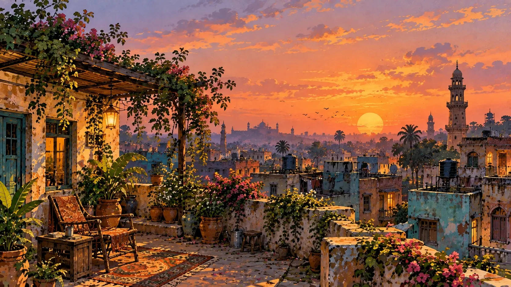 A richly detailed vertical-feeling landscape designed as a wide website hero, showing the rooftop of an old Indian house at sunset. The foreground contains a low weathered parapet covered with terracotta pots, flowering jasmine, climbing vines, a metal watering can, rolled sleeping mats and a wooden chair. Beyond the rooftop, layers of tightly packed old buildings with faded turquoise, peach, cream and terracotta walls create a dense cityscape. Small balconies, water tanks, laundry lines, satellite dishes and tiny windows add everyday details. A large orange sun hangs low behind distant buildings, while birds cross the warm dusty sky. One tall old minaret rises in the far background as a subtle vertical accent. Keep the left-center portion of the sky relatively uncluttered for hero text, while the detailed rooftop anchors the bottom-right. Handmade retro gouache illustration, vintage Indian urban storybook aesthetic, expressive ink contours, rough painted walls, visible brush marks, watercolor texture, slightly faded pigments, warm evening palette, tactile paper grain, full-bleed composition, no border, no frame, no decorative yellow edges, no photorealism, 16:9.