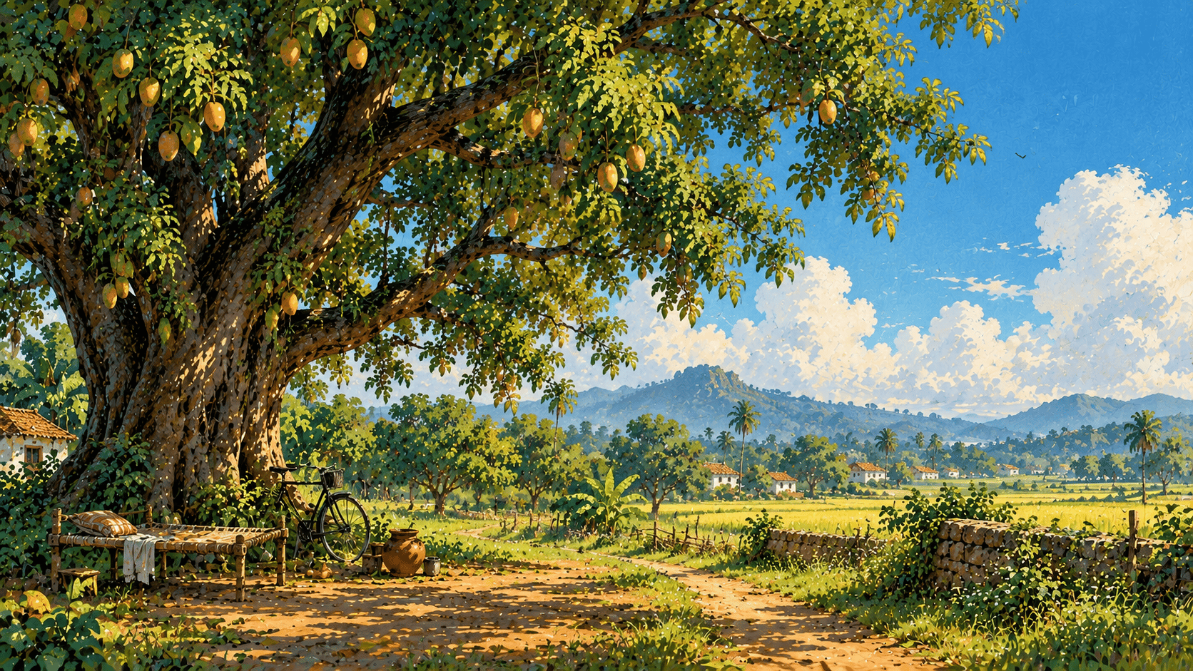 A dreamy hand-painted Indian countryside scene centered around one enormous ancient mango tree standing in the middle of a quiet orchard. Its huge crooked trunk and sprawling branches dominate the left side of the composition, with hundreds of small green leaves creating a textured canopy. Several ripe yellow-orange mangoes hang visibly among the foliage. Beneath the tree sits a tiny wooden charpai, a clay water pot and an old bicycle. The orchard continues into the distance as loose rows of smaller trees, eventually opening into a pale golden field and distant blue hills. A narrow dirt path curves from the lower-right foreground toward the tree. Early morning sunlight enters from behind the branches, producing soft warm patches rather than dramatic rays. The right third contains an open field and pale sky suitable for hero typography. Retro handmade gouache and watercolor, nostalgic Indian rural illustration, hand-drawn black-brown contours, textured foliage, visible brush strokes, imperfect botanical shapes, subtle pencil marks, faded greens, ochre, mango yellow and dusty blue, vintage animation-background feeling, physical painted-paper texture, full-bleed, no frame, no border, no yellow postcard edge, 16:9.