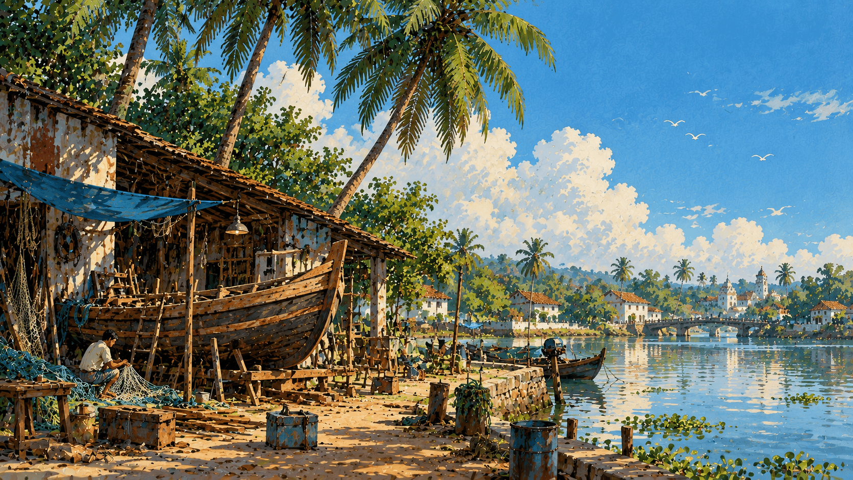 A completely different tropical scene showing a small traditional wooden boat workshop beside a quiet Indian backwater. The foreground is dominated by a half-built wooden fishing boat resting on wooden supports, with planks, ropes, hand tools, coils of fishing net and buckets scattered around it. An old corrugated-roof workshop stands behind it, covered in faded blue and rust-red paint. Two enormous coconut palms lean diagonally across the sky, while a narrow canal passes behind the workshop toward distant houses and a tiny stone bridge. A small figure sits repairing a fishing net beneath the shaded veranda. The water reflects the workshop and palms in broken painterly shapes. The sky is a large muted turquoise-blue area with soft clouds, intentionally leaving clean visual space across the upper-right for a website headline. The scene should feel observational and lived-in rather than epic or fantasy-like. Retro handmade gouache and watercolor illustration, vintage Indian travel-book aesthetic, detailed environmental storytelling, expressive ink lines, rough wood textures, visible brush strokes, imperfect hand-painted foliage, subtle paper grain, muted teal, rust, cream, deep green and faded blue palette, full-bleed artwork, no border, no frame, no yellow edges, no photorealism, 16:9 hero composition.