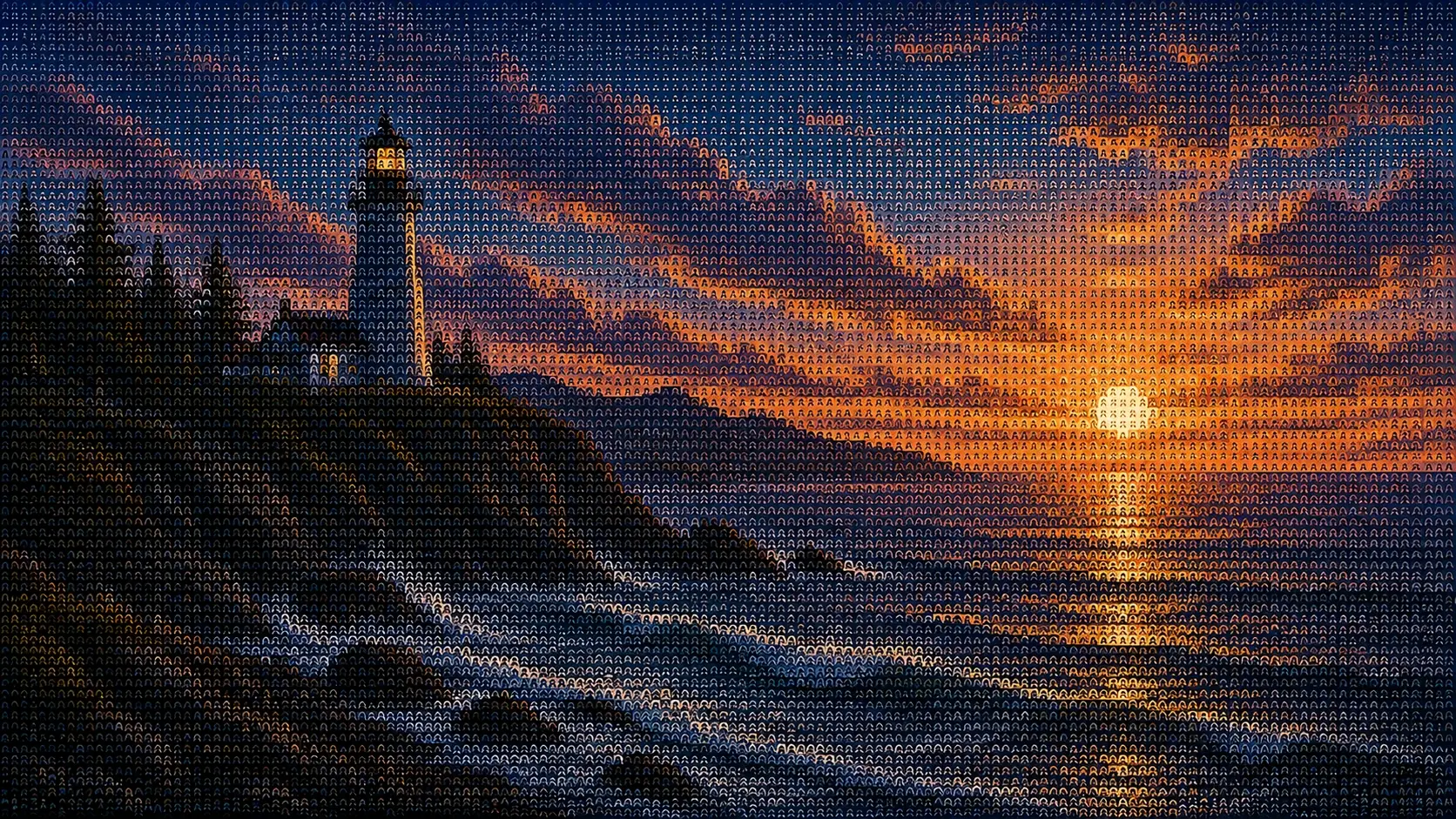 Wide 16:9 dreamy nighttime textile landscape, enormous pale moon above dark blue mountains and pine forest, quiet lake reflecting the moonlight, clouds drifting through the upper sky, every element constructed from tightly woven yarn and delicate embroidery stitches, deep navy and cobalt threads with ivory moonlight, water made from fine horizontal fibers, mountains built from layered blue-gray yarn, tactile fabric texture visible throughout, dimensional handcrafted relief, mysterious elegant nature artwork, large negative space, no text, no people.