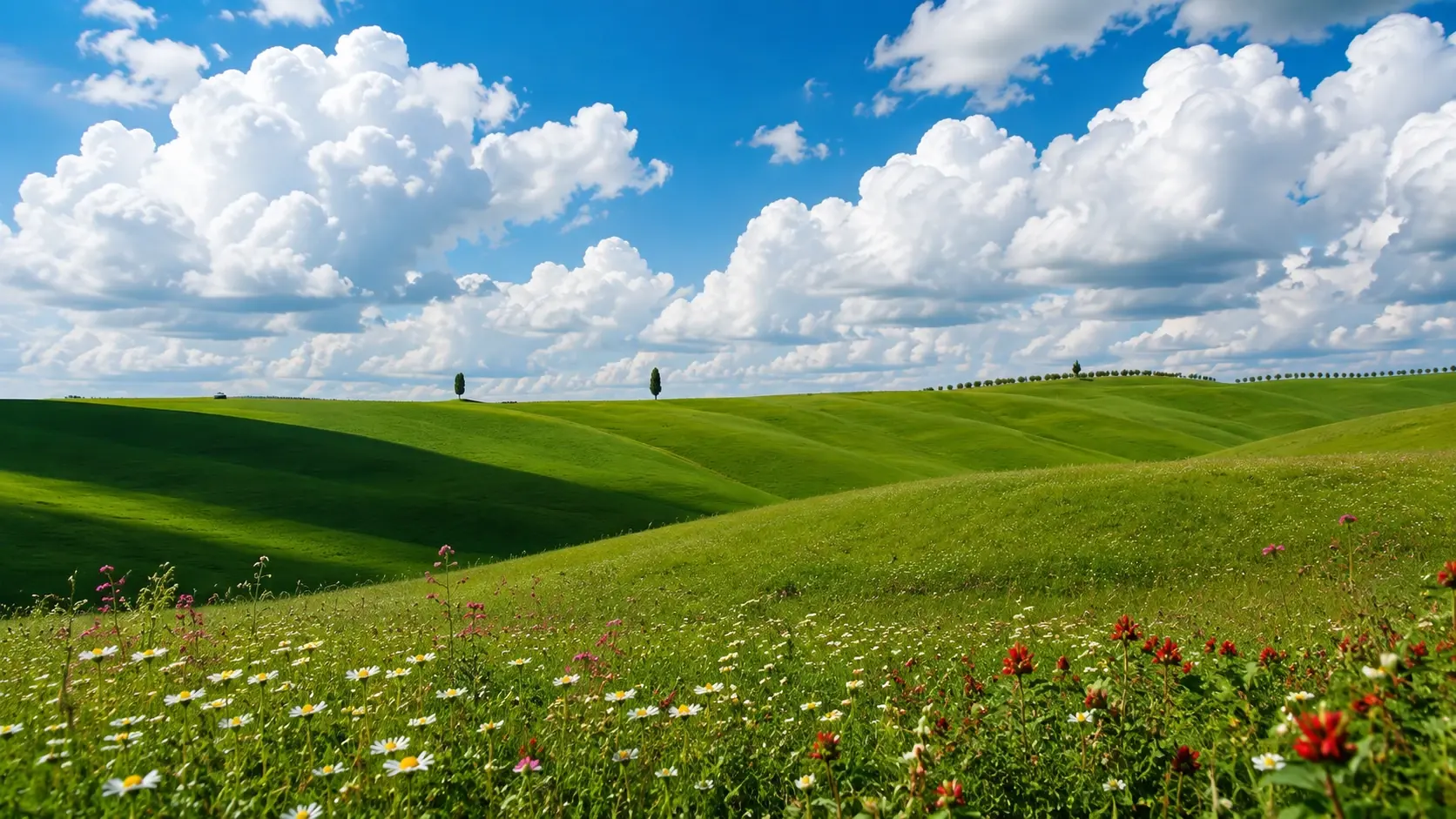 16:9 wide cinematic surreal landscape, endless softly rolling emerald-green hills covered with dense natural meadow grass and tiny scattered white, red and pink wildflowers, enormous fluffy white cumulus clouds filling the upper sky, vivid clear blue atmosphere, gentle sunlight sweeping across the hills creating broad soft shadows, a few extremely thin solitary trees along the distant ridgeline, peaceful untouched countryside, expansive horizontal composition, realistic soft vegetation texture, dreamy nostalgic atmosphere, subtle film grain, soft natural light, highly detailed, no buildings, no vehicles, no text.