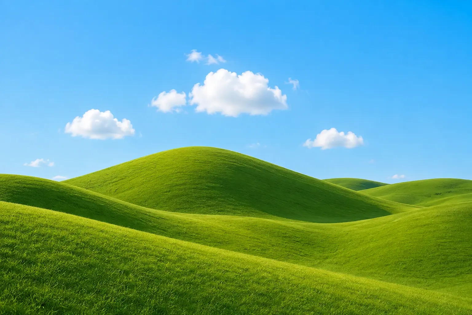 16:9 wide panoramic dreamscape, a series of perfectly smooth undulating bright-green grassy hills flowing across the entire frame like soft waves, almost no vegetation except subtle fine grass texture, several small fluffy white clouds floating in an enormous clean blue sky, strong minimalist composition with generous negative space, gentle warm daylight, smooth atmospheric depth, surreal yet believable landscape, soft cinematic photography, delicate natural shadows, tranquil and pristine mood, highly detailed grass surface, no people, no buildings, no roads, no text.