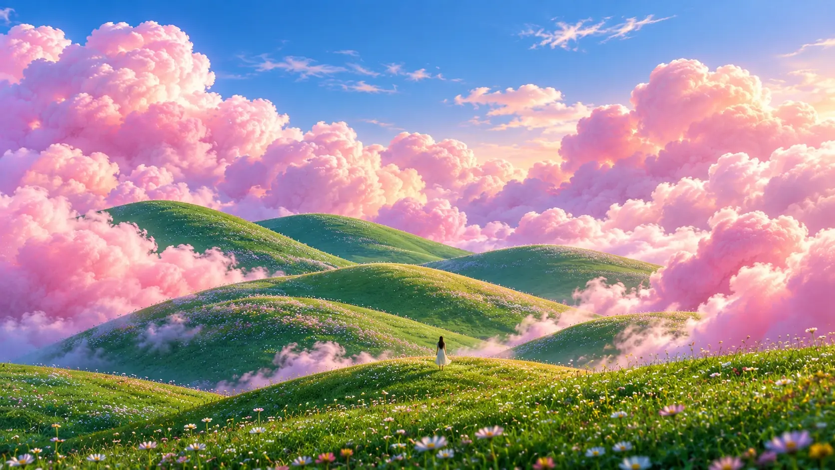 16:9 wide cinematic fantasy landscape, endless rounded emerald-green hills covered with tiny white and pale lavender wildflowers, enormous voluminous cotton-candy pink clouds rising dramatically from the valleys and surrounding the hills like surreal flowering mountains, clear luminous sky transitioning from soft blue to pale pastel tones, warm diffused sunlight illuminating the grass, tiny distant solitary figure standing on a ridge for scale, lush foreground flowers with detailed individual petals and blades of grass, dreamy whimsical atmosphere, soft volumetric light, realistic yet fantastical, highly detailed, gentle pastel color palette, expansive panoramic composition, no buildings, no vehicles, no text.