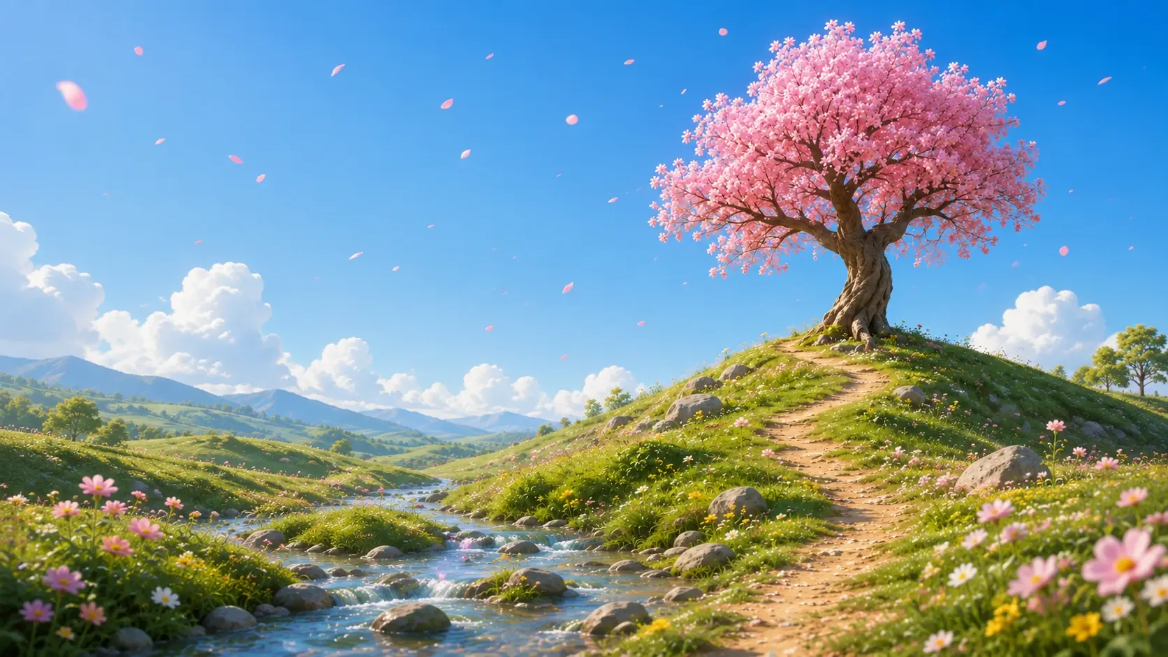 Wide 16:9 cinematic fantasy landscape, a magnificent ancient cherry blossom tree standing on top of a gently rounded grassy hill, thick twisted dark-brown trunk and elegant sprawling branches covered in dense soft pink blossoms, hundreds of delicate pink petals drifting through the air, a narrow dirt path winding from the foreground up toward the tree, lush green meadow filled with tiny white, yellow and pink wildflowers, a clear sparkling stream flowing through the foreground with smooth rounded stones, rolling green hills and distant blue mountains layered across the horizon, enormous fluffy white cumulus clouds against a brilliant clear cyan-blue sky, warm soft sunlight, whimsical peaceful atmosphere, highly detailed environment, dreamy animated fantasy aesthetic, painterly yet polished, cinematic depth, soft atmospheric perspective, rich natural colors, subtle bloom, beautiful storybook composition, no people, no buildings, no text.