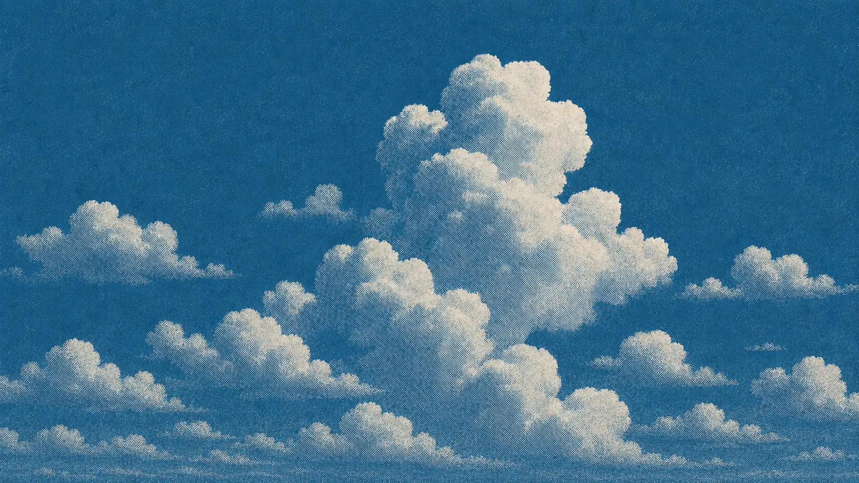 Wide 16:9 atmospheric cloudscape, enormous dramatic formations of fluffy cumulus clouds stretching across an expansive deep blue sky, large towering cloud mass concentrated toward the upper center with smaller layered clouds receding toward the horizon, intricate cloud contours rendered with dense crosshatching and fine stippled halftone texture, limited monochromatic palette of dusty cobalt blue and warm ivory-white, subtle handmade paper grain covering the entire image, vintage screen-print / risograph aesthetic, slightly imperfect ink registration, delicate etched linework, tactile printed texture, soft tonal transitions created entirely through tiny dots and diagonal hatching, minimalist composition with enormous areas of open blue sky, nostalgic illustrated poster quality, no objects, no people, no text.