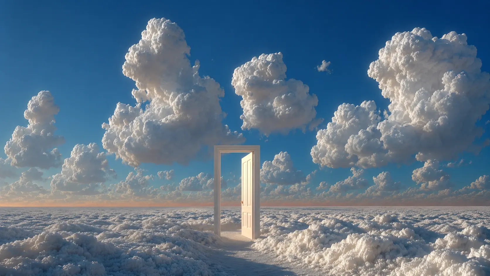 Wide 16:9 surreal cinematic landscape, an endless ocean of soft white clouds covering the entire ground like a vast cloud sea, a single freestanding classic white wooden door standing upright in the center of the clouds, the door slightly open and glowing with warm golden-white light from within, subtle illuminated path disappearing into the cloud surface beneath it, gigantic towering cumulus clouds filling the sky at multiple distances, deep rich azure-blue sky transitioning into warm peach and pale gold near the horizon, dramatic volumetric sunlight illuminating the cloud edges, highly realistic fluffy cloud texture, ethereal dreamlike atmosphere, mysterious minimalist symbolism, perfectly balanced composition, cinematic wide-angle perspective, soft atmospheric haze, subtle lens bloom, elegant surrealism, no people, no buildings, no text.
