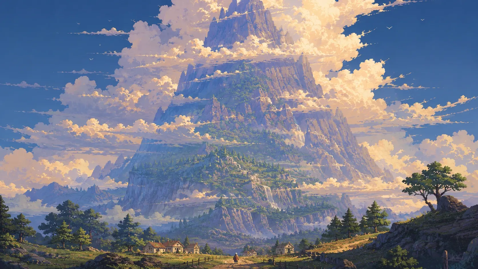 Wide 16:9 epic fantasy landscape, an enormous colossal tiered mountain rising impossibly high into the sky, monumental rocky cliffs forming multiple natural terraces covered with patches of lush green vegetation and forests, the highest summit disappearing into enormous luminous clouds, layered atmospheric mountains surrounding the central peak, a peaceful green valley in the foreground with scattered pine trees, tiny rustic houses and a winding dirt road leading toward the mountain, one tiny solitary traveler walking along the road for immense scale, dramatic towering clouds illuminated by warm peach, cream and golden sunlight, rich blue-violet mountains, painterly anime-inspired fantasy environment, highly detailed hand-painted textures, cinematic depth, atmospheric perspective, magical adventurous feeling, soft glowing light, grand sense of scale, no text.