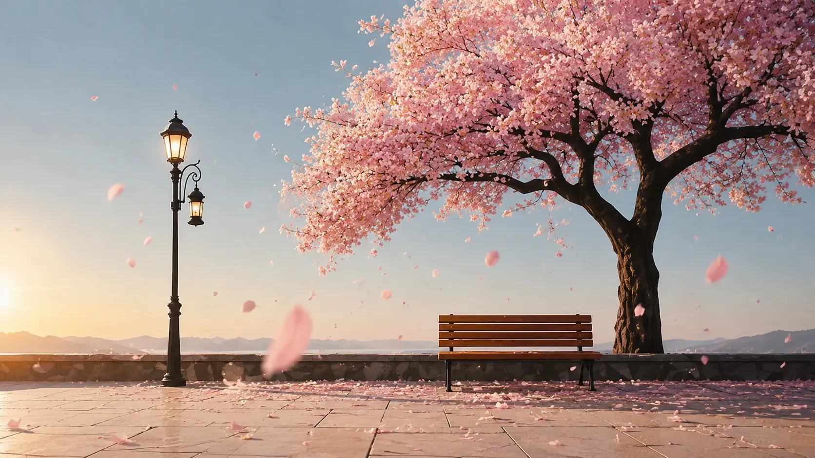 Wide 16:9 cinematic Japanese-inspired spring landscape, an elegant old-fashioned wooden park bench positioned slightly right of center beneath a huge mature cherry blossom tree, enormous dark twisted trunk rising from the right side and sprawling branches extending across the upper frame, dense canopy covered entirely in delicate pale pink blossoms, hundreds of petals gently floating through the air and scattered across the stone pavement, two ornate vintage black street lamps standing on the left side with warm glowing lanterns, expansive stone terrace overlooking distant layered blue mountains, soft golden sunrise or sunset light entering from the far left, hazy pastel-blue sky, calm empty atmosphere, romantic nostalgic mood, realistic but subtly dreamy rendering, delicate depth of field, cinematic composition, soft bloom, fine environmental detail, no people, no text.