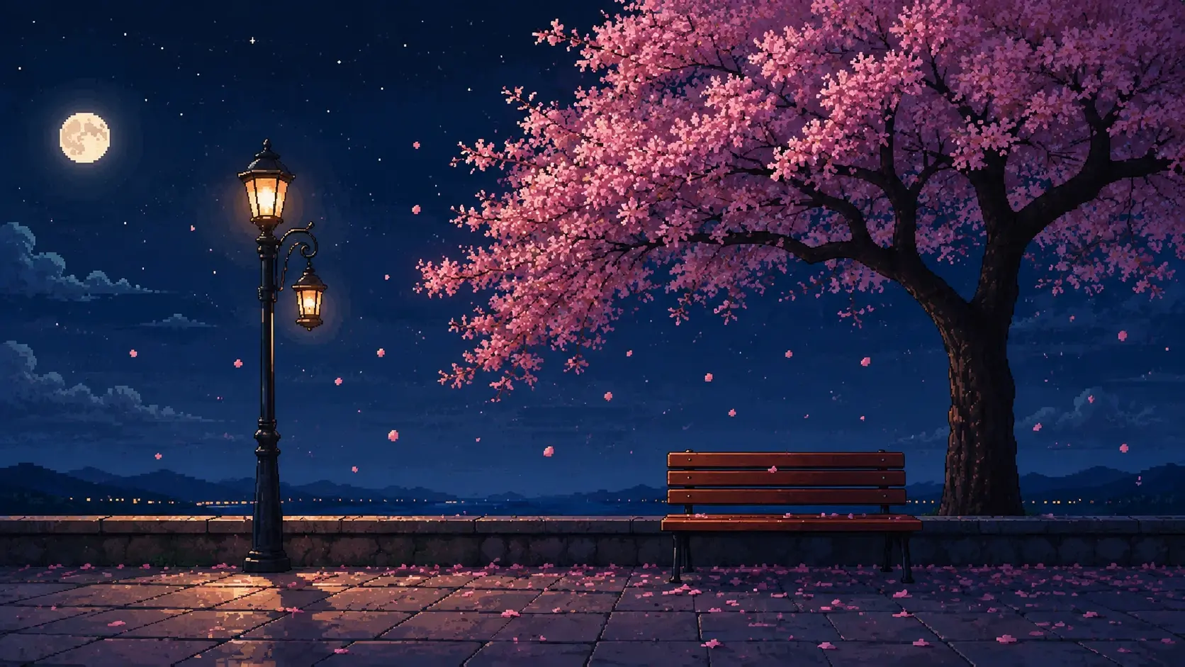 Wide 16:9 cinematic pixel-art night scene, the same elegant wooden park bench positioned beneath a huge sprawling cherry blossom tree on the right side of the composition, thick dark textured trunk and enormous canopy overflowing with vivid pink blossoms, pink petals drifting through the night air and covering the stone pavement, two ornate vintage black street lamps on the left glowing with warm amber-orange light, deep navy-blue night sky filled with tiny stars, bright full moon in the upper left, distant dark mountain silhouettes and scattered tiny warm lights along the horizon, strong contrast between cool blue shadows and warm lantern illumination, atmospheric nighttime haze, detailed hand-crafted pixel art, sophisticated high-resolution pixel texture, nostalgic Japanese fantasy game aesthetic, cinematic wide composition, tranquil melancholic mood, no people, no text.