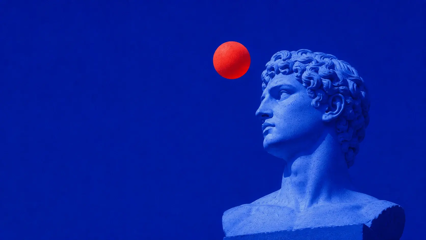 Wide 16:9 surreal fine-art hero composition, an ancient Roman-style marble bust emerging from the bottom-right corner, head turned toward the left, sculpture completely transformed into rich electric cobalt blue with delicate engraved stone details, a perfectly round glowing vermilion-red sphere hovering near the forehead, enormous uninterrupted blue background surrounding the subject, subtle paper grain, fine dithering, screen-print imperfections, restrained shadows, hard sculptural highlights, dreamlike museum-meets-fashion-editorial atmosphere, strong silhouette, large negative space across the upper-left and center for website headline, cinematic but graphic, no text.