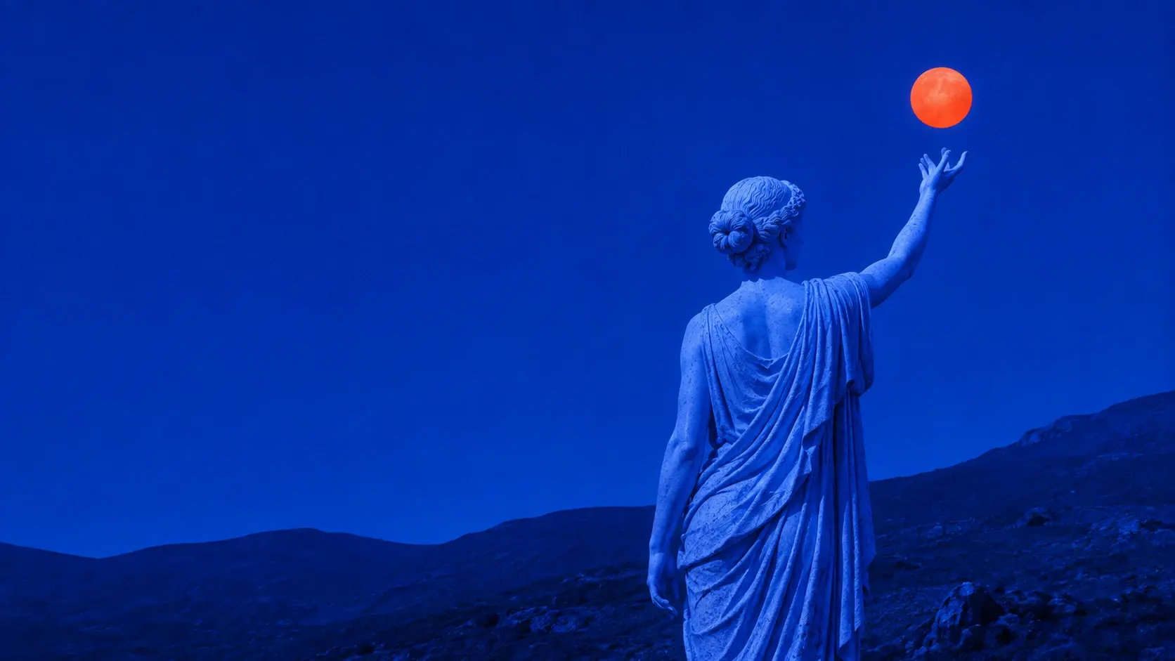16:9 landscape surreal artwork for a premium website hero, a classical female statue viewed from behind standing on a dark blue rocky landscape, body and carved drapery entirely monochromatic powder-blue and cobalt, one arm raised elegantly toward a small intensely glowing orange-red sun hovering just above her fingertips, deep royal-blue sky occupying most of the frame, subtle etched stone texture, dense fine film grain and stippled print texture, slightly faded vintage color separation, surreal scale, poetic and mysterious mood, minimal composition, subject positioned toward the right third, huge clean negative space on the left for typography, contemporary gallery poster aesthetic.