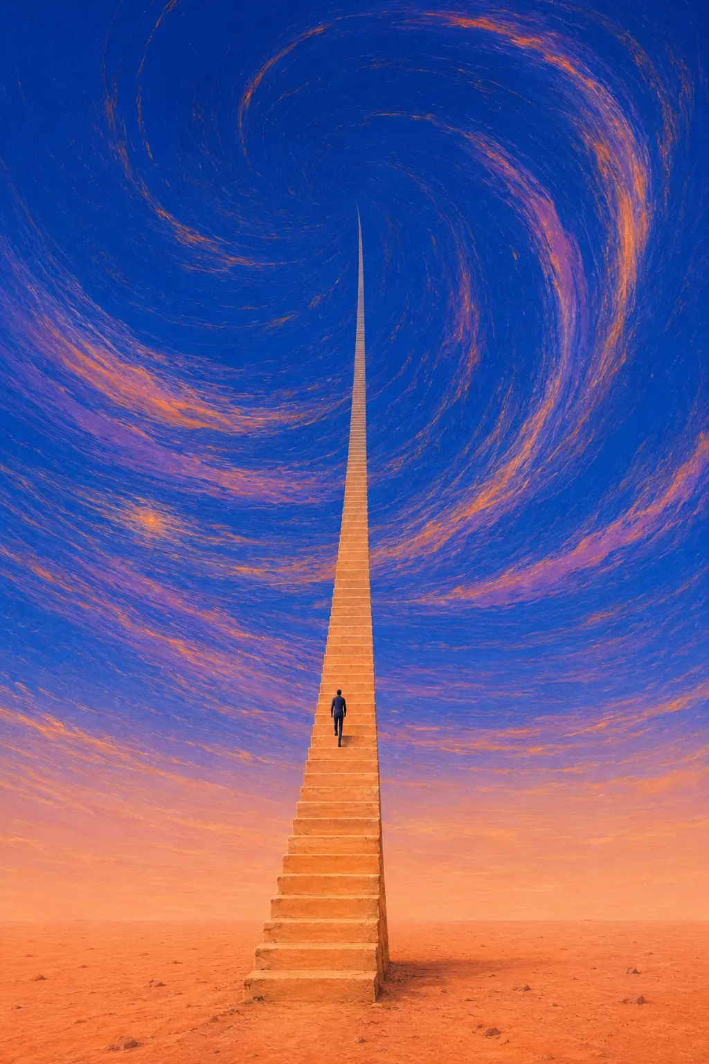 A single impossibly long narrow staircase rising from a vast empty peach-colored desert and disappearing directly into a gigantic swirling cobalt-blue sky, the staircase becoming smaller and smaller toward the top, thousands of curved lavender and orange atmospheric streaks bending around it like a celestial current, one tiny human figure climbing near the lower third, enormous negative space above, surreal journey, quiet determination, cinematic vertical composition. Surreal cinematic fine-art landscape, dreamlike impossible environment, deep cobalt blue and indigo atmosphere, warm peach, amber and dusty orange highlights, sweeping fluid brushstrokes and long-exposure-like curved motion trails, painterly textured surface, subtle analog film grain, soft glowing light, slightly vintage photographic print, ethereal atmospheric perspective, minimal composition, enormous sense of scale, poetic solitude, realistic subject rendered within an impossible world, no text, no typography, no frame, portrait orientation, 4:5.