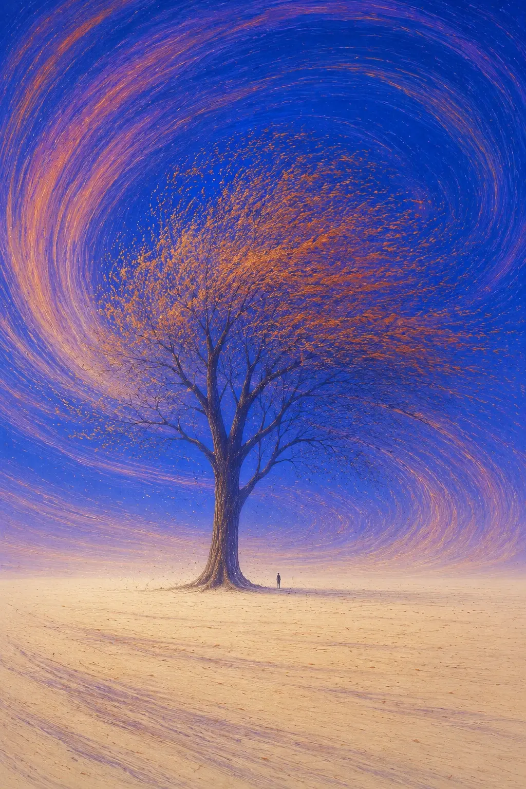 A single enormous solitary tree standing on a completely empty pale landscape, its dark trunk and delicate branches reaching into a gigantic cobalt-blue sky, immense circular wind patterns sweeping around the tree in peach, lavender and dusty gold strokes, leaves appearing to flow sideways as if caught in a cosmic current, the horizon almost disappearing into haze, tiny human silhouette standing far beneath the tree for scale, mystical and contemplative. Surreal cinematic fine-art landscape, dreamlike impossible environment, deep cobalt blue and indigo atmosphere, warm peach, amber and dusty orange highlights, sweeping fluid brushstrokes and long-exposure-like curved motion trails, painterly textured surface, subtle analog film grain, soft glowing light, slightly vintage photographic print, ethereal atmospheric perspective, minimal composition, enormous sense of scale, poetic solitude, realistic subject rendered within an impossible world, no text, no typography, no frame, portrait orientation, 4:5.