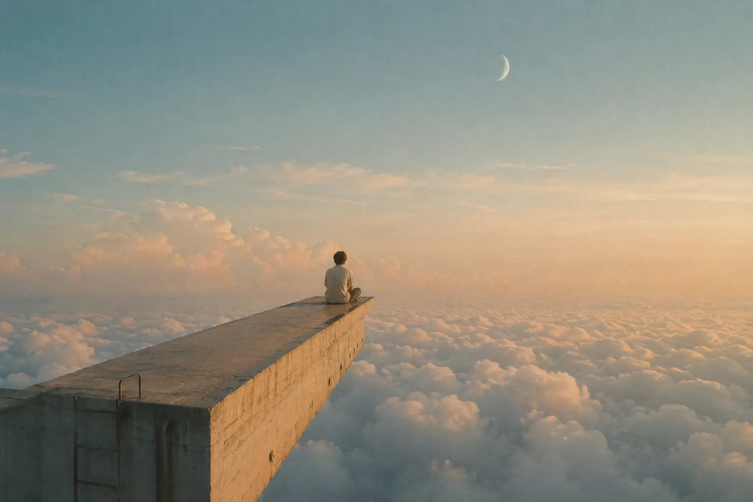 Vertical 9:16 surreal cinematic photograph, a lone person sitting at the very end of an impossibly long wooden diving board extending from a tiny concrete wall high above an endless sea of clouds, the board disappearing into the distance behind them, enormous soft cumulus clouds filling the lower half, pale turquoise sky fading into dusty lavender near the horizon, tiny crescent moon overhead, quiet contemplative atmosphere, dreamlike impossible architecture, strong negative space, subtle 35mm film grain, faded analog colors, soft halation, slightly imperfect vintage photograph, no text, no borders.