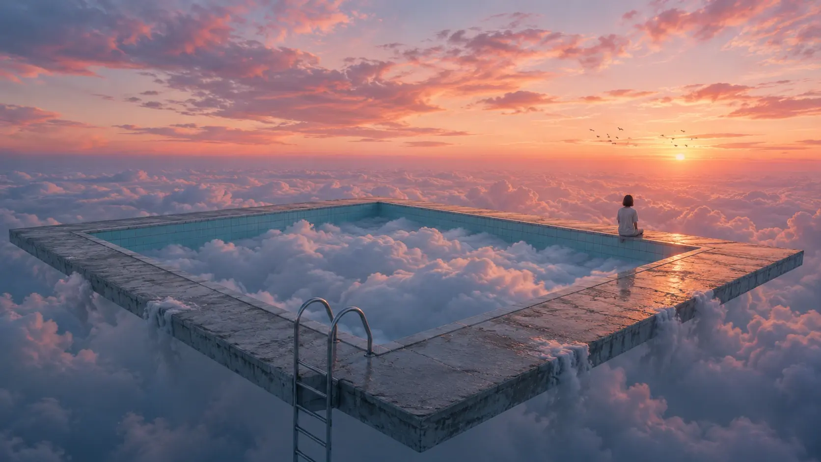 Wide 16:9 surreal dream photograph, an abandoned swimming pool floating in the sky, perfectly rectangular turquoise pool surrounded by a narrow concrete deck, but instead of water the pool contains thick white clouds slowly overflowing over its edges, a single metal ladder descending from the pool into empty sky, enormous pastel sunset behind it, coral pink, faded orange, lavender and blue, tiny birds in the distance, uncanny yet peaceful, cinematic negative space, vintage 35mm grain, subtle chromatic aberration, soft analog texture, no text.