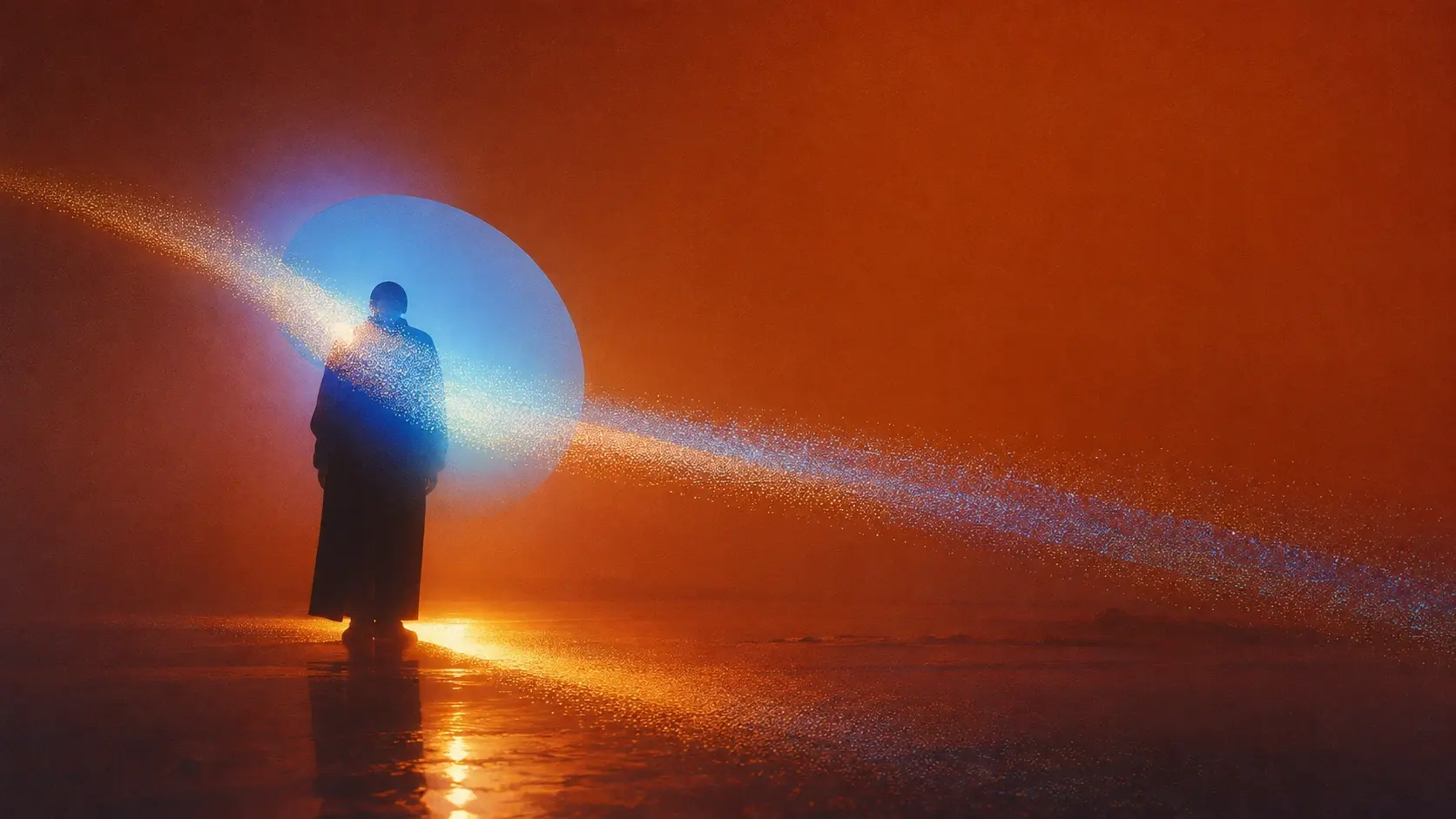Wide 16:9 surreal editorial artwork, a solitary faceless figure standing slightly left of center in a hazy terracotta studio landscape, oversized dark sculptural clothing dissolving into the background, instead of a glowing head a floating translucent blue orb wraps around the upper body like an atmospheric eclipse, a thin arc of warm ivory and electric-blue particles sweeps diagonally through the scene, tiny luminous dots gradually dispersing into mist, soft amber light glowing from the ground, subtle reflections beneath the figure, large empty negative space on the right, dreamy diffusion, soft-focus lens, heavy analog grain, pointillist halftone texture, imperfect dithering, chromatic color bleed, muted burnt orange mixed with cobalt blue and pale gold, experimental fashion-art photography, mysterious and poetic, slightly surreal rather than literal, tactile printed texture, no text, no typography.