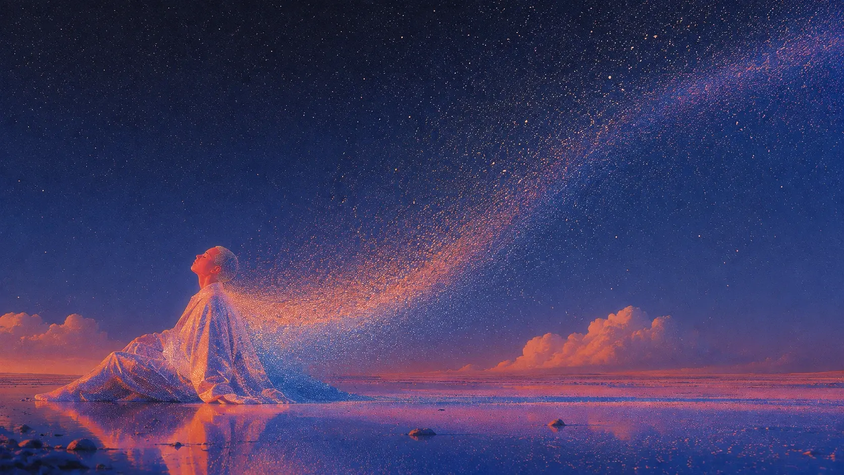 Wide 16:9 surreal graphic-art photograph, a small human figure positioned near the far left edge, head tilted upward with eyes closed, body wrapped in an oversized pale pink textured garment, but the figure is partially merging into a gigantic translucent crescent-shaped organic form rising behind them, the crescent filled with thousands of tiny golden and blue particles, deep violet-to-cobalt sky covering the entire background, instead of conventional stars use irregular clusters of glowing dots, faint peach clouds drifting horizontally across the horizon, subtle warm glow around the figure, soft atmospheric gradients, strong cinematic negative space on the right, pointillist halftone treatment, analog film grain, soft blur, luminous particle edges, imperfect screen-print texture, slight color misregistration, dreamy experimental poster photography, ethereal but strange, restrained palette of indigo, dusty pink, pale orange, cream and electric blue, no text, no typography.