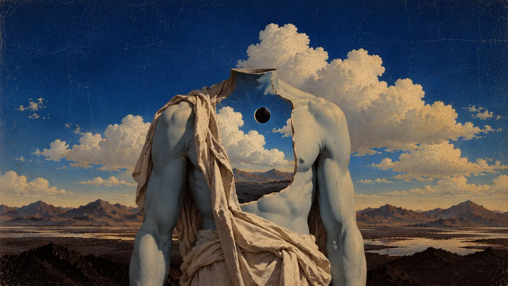 A solitary classical marble figure sitting on a low black wall above an endless dark landscape, its head completely replaced by an enormous cloud formation rising into a deep blue sky, bare feet hanging over the edge, distant mountains barely visible, strange proportions, understated composition, aged surrealist painting, muted pigments and fine cracked varnish.