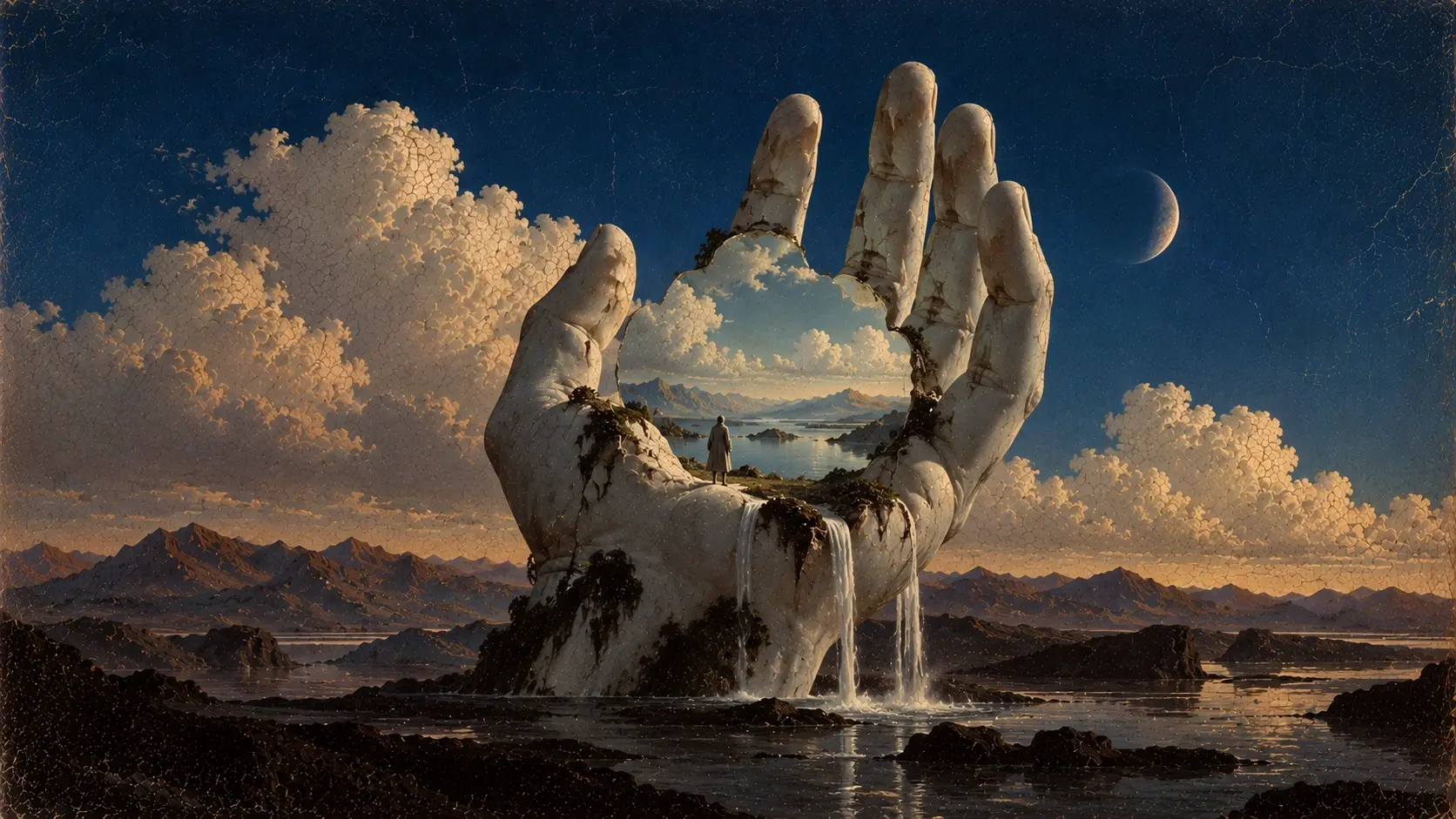 A colossal pale marble hand emerging vertically from a dark, barren landscape, its palm containing a miniature blue-sky world with distant mountains and soft clouds, a tiny human figure standing inside the palm, long skeletal fingers extending into the twilight, deep indigo shadows, antique surrealist photomontage, faded pigments, analog grain, mysterious fine-art composition.