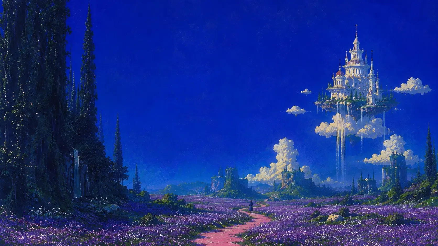Wide 16:9 epic fantasy landscape, an enormous field of purple and violet wildflowers stretching across the foreground, a narrow winding peach-colored path leading from the bottom center toward a tiny solitary traveler, towering dark evergreen and cypress trees framing the left edge, distant rocky plateaus and ancient ruins scattered across the horizon, an enormous ornate white fantasy castle floating high in the upper-right sky on a small floating island surrounded by clouds, impossibly tall slender golden towers and spires, waterfalls of mist or clouds cascading downward from the floating island, rich saturated cobalt and ultramarine-blue sky, subtle turquoise atmospheric glow near the horizon, painterly fantasy illustration, visible fine brush texture, luminous highlights, dramatic scale, magical dreamlike world, deep blue and violet color palette, highly detailed, cinematic composition, no text.