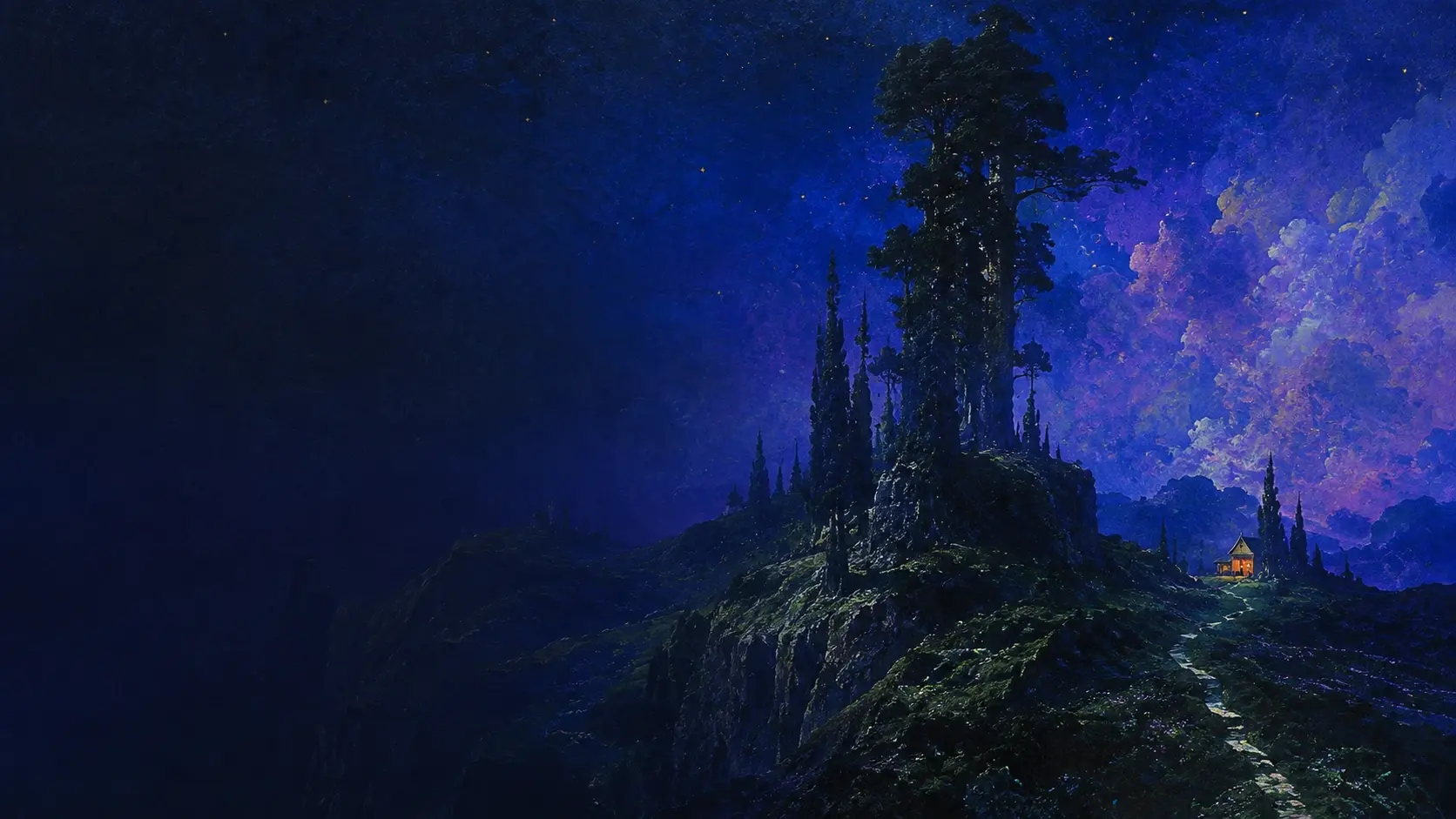 Wide 16:9 dark cinematic fantasy landscape, a lonely rocky hill rising from deep shadow in the center-right, crowned with a cluster of extremely tall dark cypress trees and one enormous ancient tree silhouetted against the sky, a narrow winding pale path climbing toward a tiny isolated cottage glowing warmly in the far right distance, massive empty dark navy-blue negative space occupying the entire left side, distant mountains fading into darkness, enormous luminous cloud formations glowing in muted violet, indigo and electric blue behind the hill, tiny stars scattered through the sky, subtle green highlights on wet vegetation and rocks, mysterious nocturnal atmosphere, painterly oil-brush texture, rich deep blues and purples, cinematic lighting, lonely magical fairytale mood, highly detailed, no text.