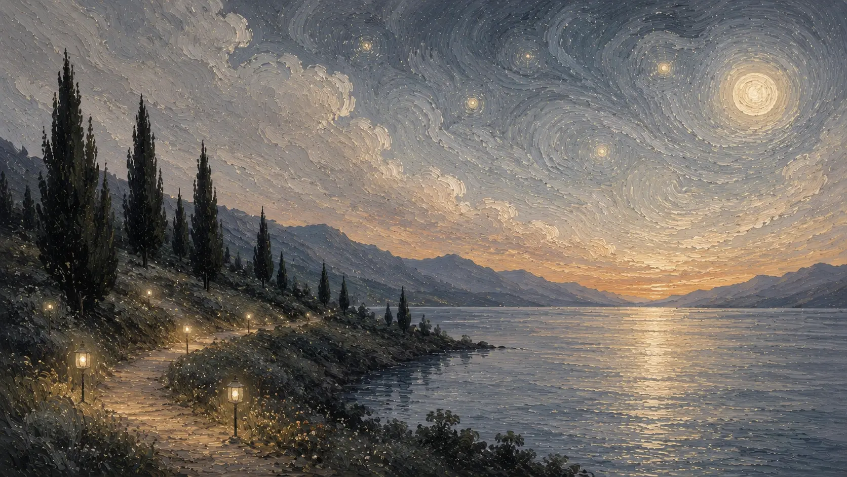 Wide 16:9 atmospheric impressionist landscape, a quiet expansive lake stretching from the foreground toward distant layered mountains, gently sloping dark shoreline on the left covered with tall slender cypress trees, a winding walking path following the shoreline and dotted with numerous tiny warm glowing lanterns, small golden lights scattered throughout the grass like fireflies, enormous twilight sky filled with swirling concentric painterly brushstrokes around multiple luminous stars, large glowing moon in the upper-right corner, clouds sweeping across the sky in curved flowing strokes, muted deep navy, dusty blue, slate gray and warm golden-cream palette, thick expressive visible paint strokes, textured canvas surface, dreamlike nocturnal atmosphere, serene and contemplative, cinematic wide composition, no people, no text.
