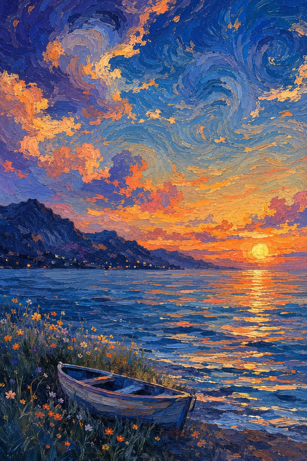 Vertical 2:3 cinematic impressionist landscape, a peaceful mountain lake at sunset occupying the lower half of the frame, a small weathered wooden rowboat resting on a grassy flower-covered shoreline in the lower-left foreground, wild orange and tiny pale flowers surrounding the boat, dark mountain silhouettes extending along the horizon, brilliant glowing sun low near the right side of the horizon, its warm golden reflection stretching across rippling blue water, enormous dramatic sky filled with swirling expressive brushstrokes, deep cobalt blue and indigo transitioning through lavender, dusty violet, coral, burnt orange and glowing golden yellow around the sunset, highly visible thick painterly strokes following the movement of clouds and water, textured oil-on-canvas appearance, rich saturated colors, dreamy nostalgic atmosphere, beautiful fine-art composition, no people, no text.