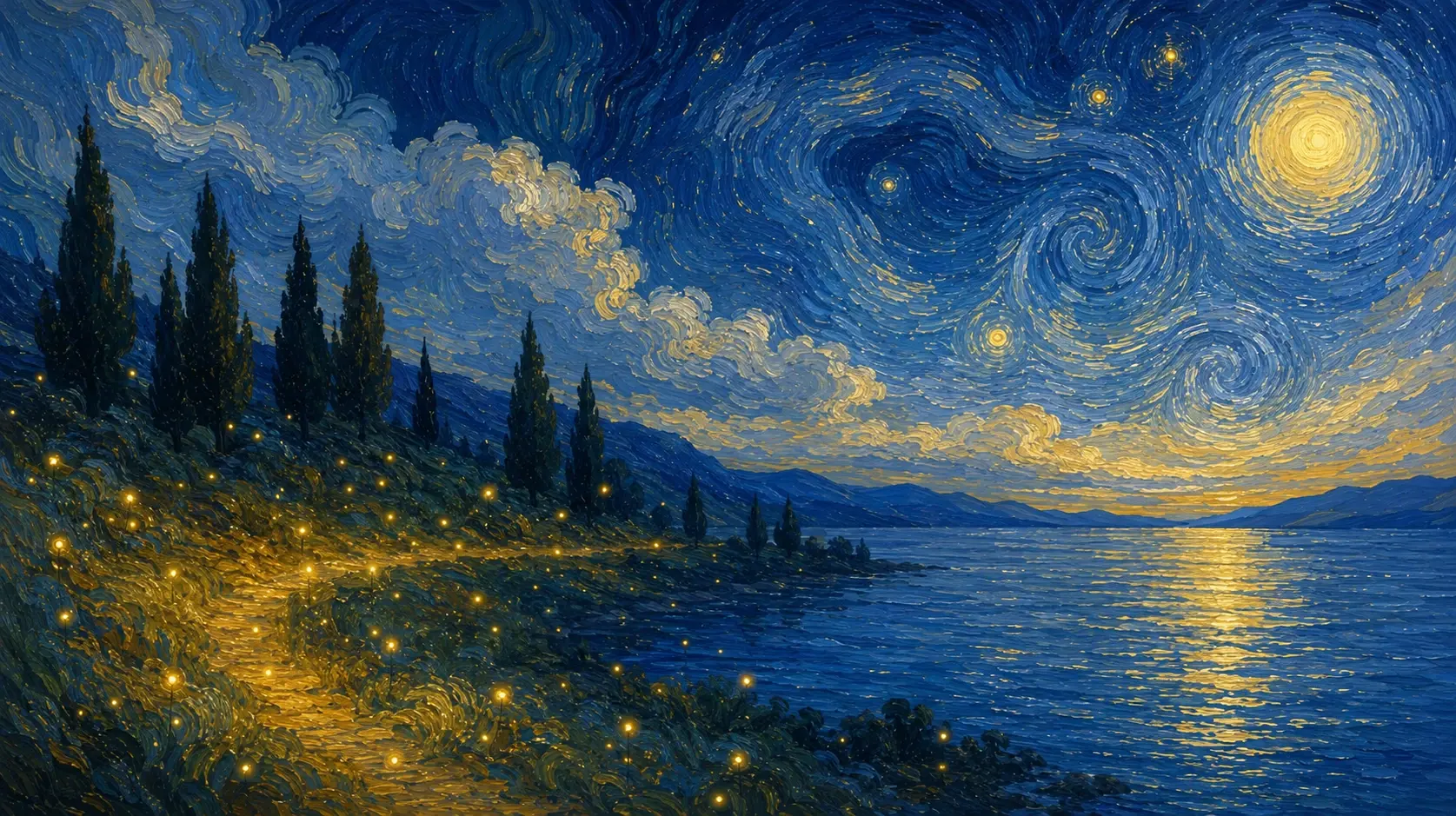 Wide 16:9 cinematic impressionist night landscape, calm expansive lake occupying the right half of the composition, dark mountainous shoreline receding toward the distant horizon, a gently curving grassy path running from the lower-left foreground along the water and disappearing into the distance, tall narrow cypress trees silhouetted along the hillside, dozens of tiny warm golden fireflies and lantern-like lights scattered through the grass and beside the path, enormous deep-blue night sky filled with swirling circular brushstrokes and luminous golden stars, a large glowing full moon in the upper-right surrounded by concentric painterly rings, moonlight reflected softly across the lake, rich navy, cobalt, muted teal and warm gold palette, thick expressive oil-paint strokes, tactile canvas grain, magical serene atmosphere, highly detailed impressionist fantasy artwork, no people, no text.