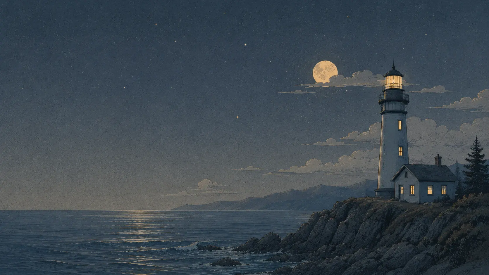 Wide 16:9 atmospheric vintage illustration, a small weathered wooden rowboat resting on a quiet sandy lakeshore in the lower-right foreground, tall dry grasses and scattered golden wildflowers surrounding it, enormous calm lake stretching toward distant rugged mountains, a dramatic mountain peak rising beneath the moon on the right side of the horizon, large luminous full moon high in the upper-right surrounded by subtle concentric swirling cloud rings, soft pale clouds sweeping diagonally across the sky, restrained dusty blue, slate, warm beige, muted gold and gray palette, delicate hand-painted and engraved linework, subtle crosshatching, fine paper grain, softly weathered vintage print appearance, peaceful solitary atmosphere, cinematic wide composition, no people, no text.