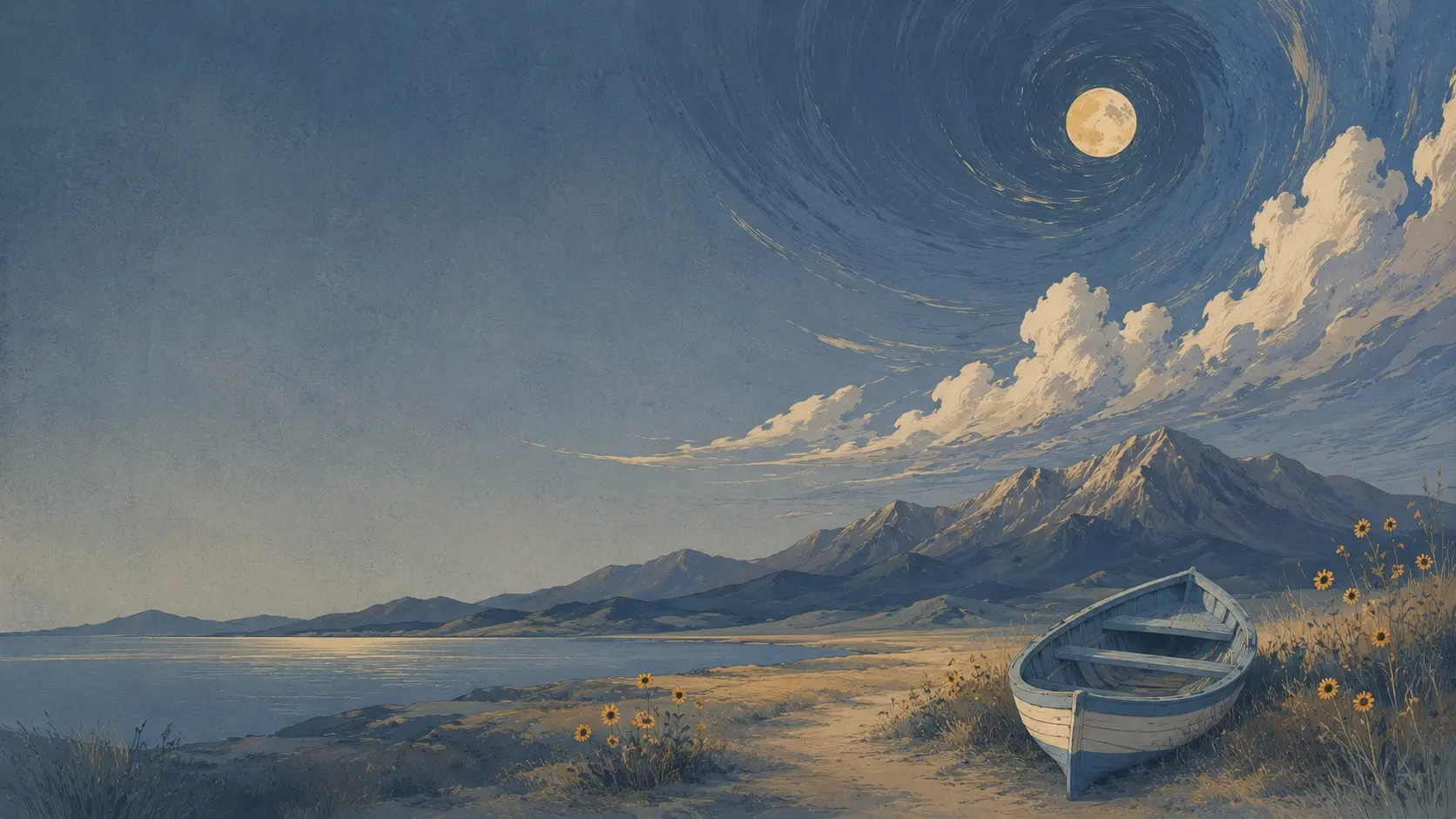Wide 16:9 cinematic Japanese-inspired nocturnal seascape, vast dark ocean filling the lower half of the frame with gentle waves and pale moonlit highlights, rugged rocky coastline rising along the right edge, a windswept ancient pine tree growing from the upper-right cliff and leaning elegantly toward the sea, enormous luminous full golden moon high in the upper-right partially surrounded by layered clouds, distant mountains fading into the horizon, thick sculptural clouds illuminated by pale moonlight, tiny stars scattered across the deep navy sky, intricate fine contour lines outlining clouds, waves, rocks and tree branches, muted navy, slate blue, charcoal, cream and antique gold palette, vintage woodblock-meets-painterly illustration aesthetic, subtle paper grain, atmospheric and contemplative, highly detailed, no people, no text.