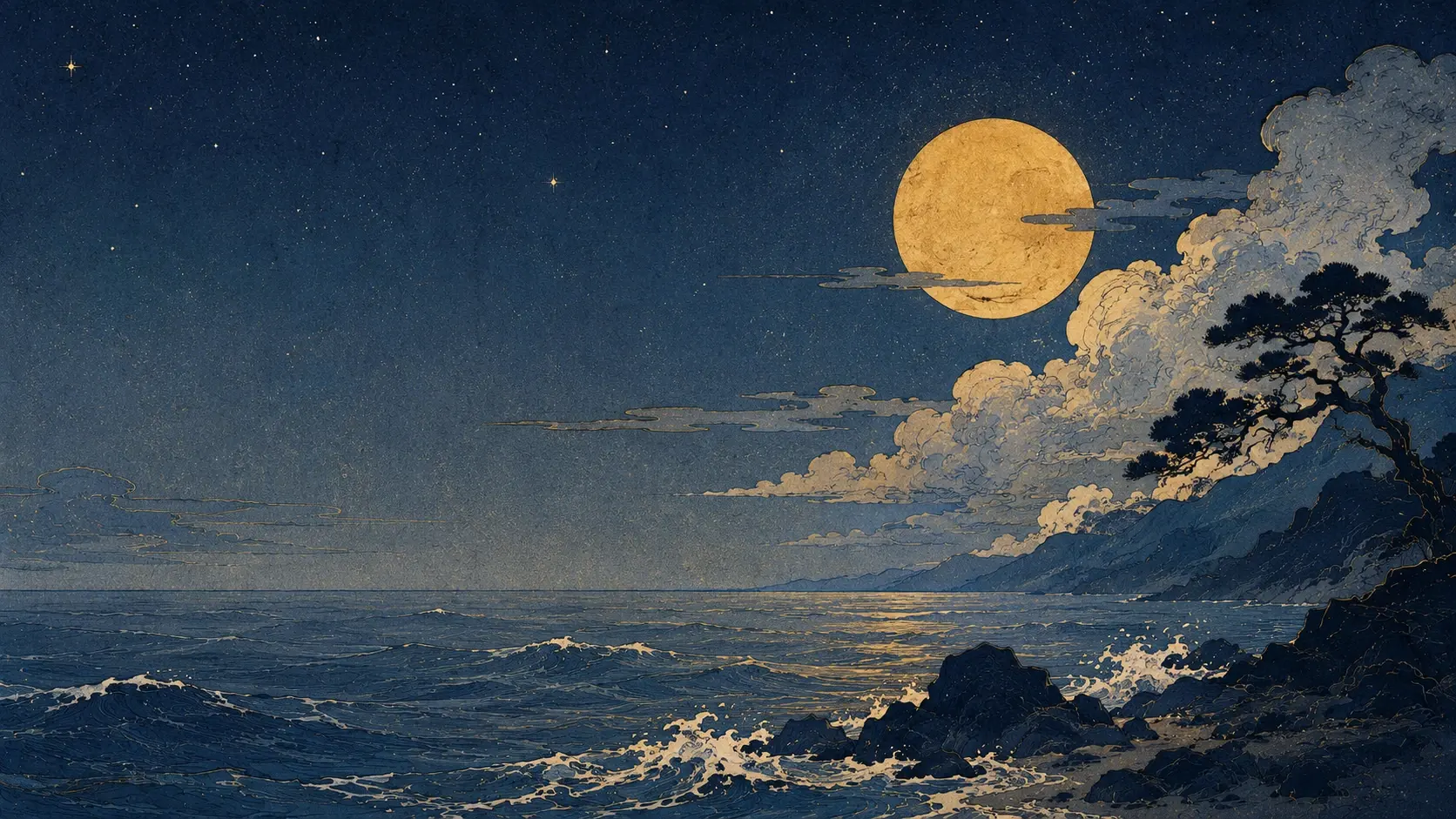 Wide 16:9 atmospheric fine-art coastal landscape, enormous dark ocean stretching across the foreground with foamy waves breaking against black jagged rocks, rugged mountain coastline rising along the right side and disappearing into the distance, windswept dark pine tree silhouetted on the upper-right cliff, huge golden full moon floating above the horizon in a deep midnight-blue sky, layered luminous clouds sweeping dramatically from the right toward the center, moonlight creating thin golden reflections across the water, dense intricate hand-drawn contour lines throughout the clouds, waves and landscape, rich textured paper grain, limited palette of deep navy, charcoal blue, muted steel gray, pale cream and antique gold, vintage illustrated print aesthetic, mysterious melancholic atmosphere, strong negative space, sophisticated cinematic composition, no people, no text.