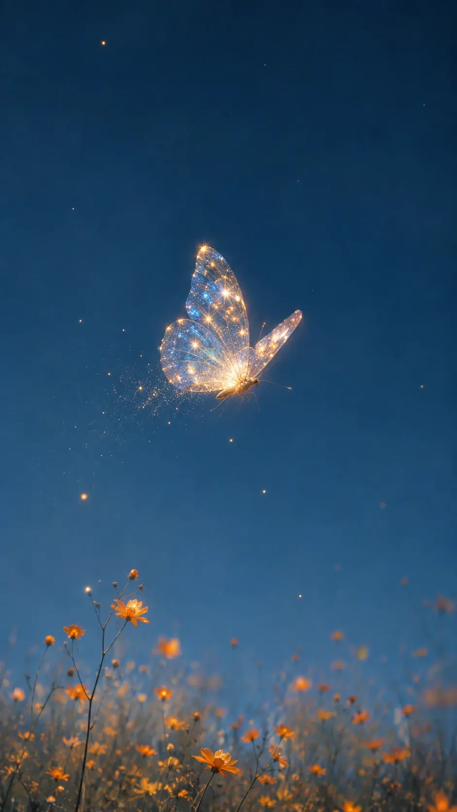 A single delicate butterfly hovering above a field of tiny orange wildflowers, its wings appearing almost translucent and covered with thousands of microscopic celestial particles, shimmering gold, icy blue and white dust embedded within the wing structure, the butterfly glowing softly from within, several particles producing tiny four-point starburst flares, a faint trail of luminous dust following behind it, dense but delicate wildflowers occupying only the lower portion of the image, enormous deep cobalt-blue sky filling the background, isolated tiny points of light scattered sparsely through the atmosphere, dreamy magical realism, realistic butterfly anatomy, realistic wing translucency, subtle motion softness around the edges, warm amber highlights contrasting dramatically against saturated blue, vintage 35mm film character, soft optical diffusion, gentle halation, delicate grain, atmospheric haze, slightly imperfect focus, poetic editorial photography, sophisticated surrealism, quiet and ethereal rather than fantasy-heavy, no moon, no text, no typography, no frame. COMPOSITION: butterfly positioned slightly above center, large negative space.