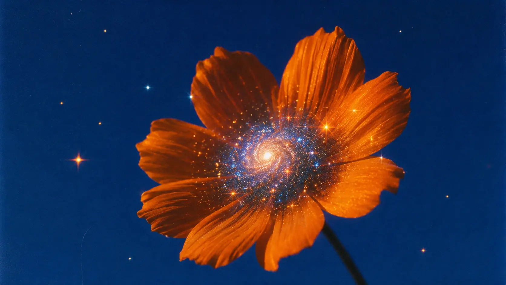 A single large orange wildflower photographed against an enormous deep cobalt-blue sky, the flower appearing completely natural and photographic while its center contains a miniature glowing galaxy, thousands of microscopic blue, white and golden stars swirling organically inside the flower's central disk, tiny points of cosmic light spilling gently onto the surrounding orange petals, several intense four-point starburst highlights appearing where the celestial particles catch the light, delicate luminous dust floating around the flower, thin dark green stem disappearing toward the bottom of the frame, almost no other visual elements, vast blue negative space surrounding the flower, magical realism rather than fantasy illustration, tactile natural petal texture, slightly imperfect analog photography, subtle lens diffusion, soft halation, fine film grain, tiny atmospheric particles, realistic depth of field, warm amber illumination against cool cobalt surroundings, nostalgic 35mm photographic character, understated surrealism, sophisticated editorial art direction, poetic and mysterious, high visual clarity in the flower while retaining gentle optical softness, no text, no typography, no border. COMPOSITION: flower positioned slightly off-center, large enough to become the dominant focal point, generous empty blue space around it, cinematic asymmetry, suitable for an editorial hero image.