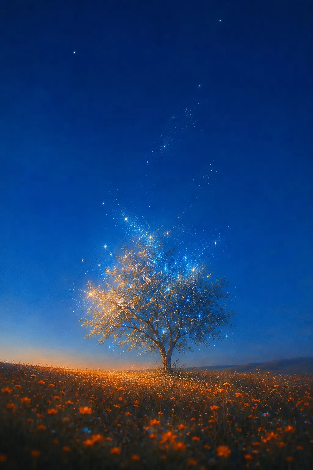 A solitary small tree growing in the middle of an expansive wildflower meadow beneath an immense deep cobalt-blue sky, the tree appearing botanically natural but every branch and leaf covered with tiny glowing golden and icy-blue particles like microscopic stars, some leaves catching brilliant four-point starburst highlights, delicate trails of luminous dust drifting upward from the branches, small orange wildflowers densely scattered across the foreground, warm amber light gently illuminating the lower landscape while the sky remains intensely cobalt blue, a few isolated stars visible high in the atmosphere, surreal magical realism, cinematic landscape photography, realistic bark and foliage, tactile organic textures, subtle haze near the horizon, vintage film grain, slight optical diffusion, soft halation around the brightest particles, understated lens imperfections, rich blue shadows and warm golden highlights, contemplative and mystical atmosphere, sophisticated editorial art direction, no people, no buildings, no text, no typography. COMPOSITION: tree placed slightly off-center, relatively small compared with the enormous sky, low horizon line, strong vertical emphasis, abundant negative space above.
