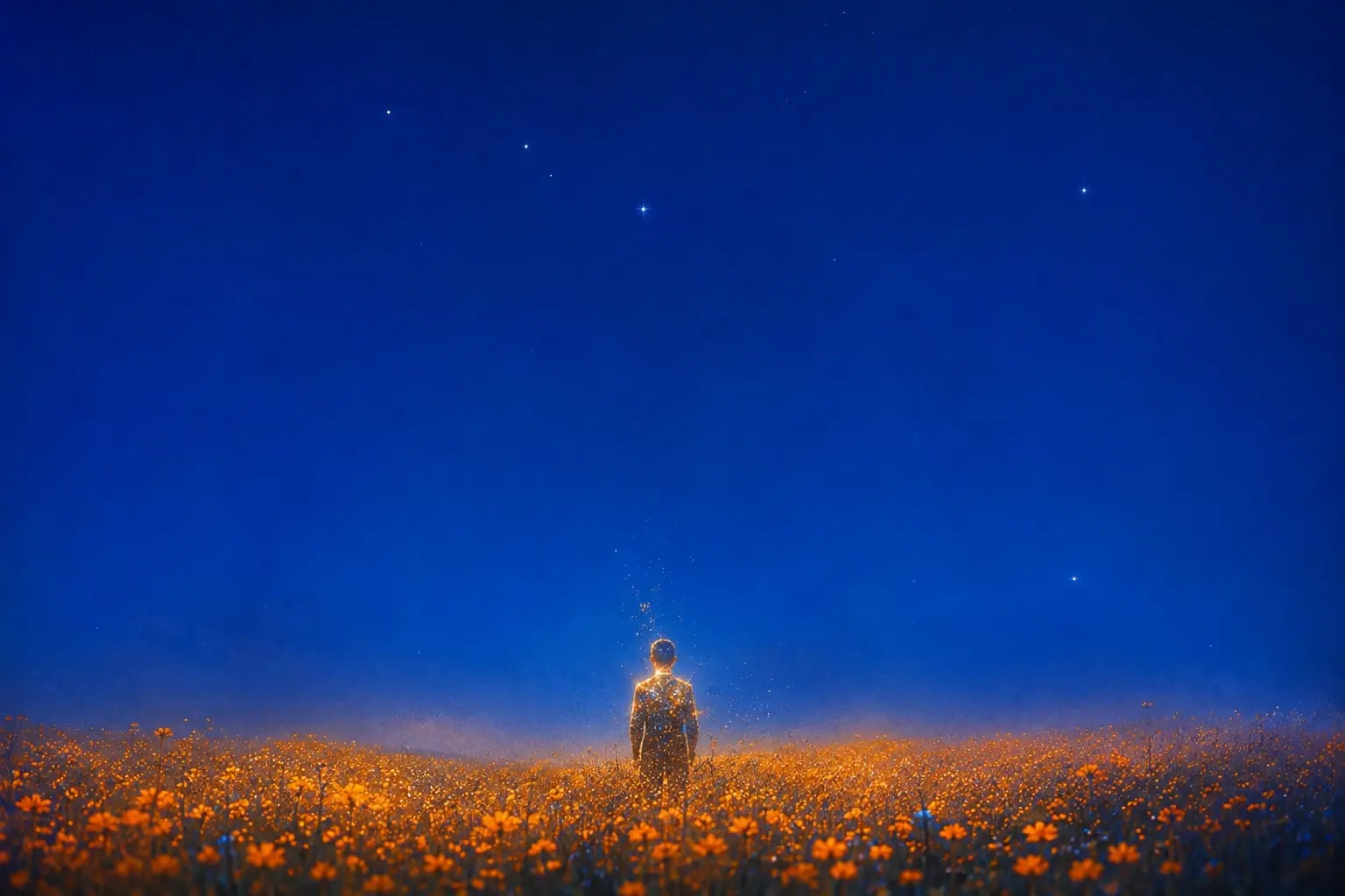 A tiny solitary human figure standing waist-deep in a vast field of delicate orange wildflowers beneath an enormous deep cobalt-blue sky, the person appearing almost silhouetted but their entire body subtly filled with thousands of microscopic golden and blue points of light, as though a galaxy exists beneath their skin, small star-like particles gently radiating outward around the figure, warm amber light outlining the shoulders and head, occasional intense four-point starburst highlights appearing among the particles, flowers glowing softly around the person's body, a few isolated celestial specks floating in the otherwise empty blue atmosphere, surreal magical realism, cinematic environmental photography, strong sense of scale, quiet and contemplative mood, realistic flowers and human proportions, subtle atmospheric haze, vintage analog film grain, soft lens diffusion, gentle halation, slight exposure bloom, rich cobalt shadows, warm gold and orange highlights, understated imperfections, poetic editorial art direction, no fantasy costume, no dramatic effects, no text, no typography. COMPOSITION: extremely small figure positioned near the lower center, enormous amount of blue negative space above, low horizon, cinematic wide landscape composition.
