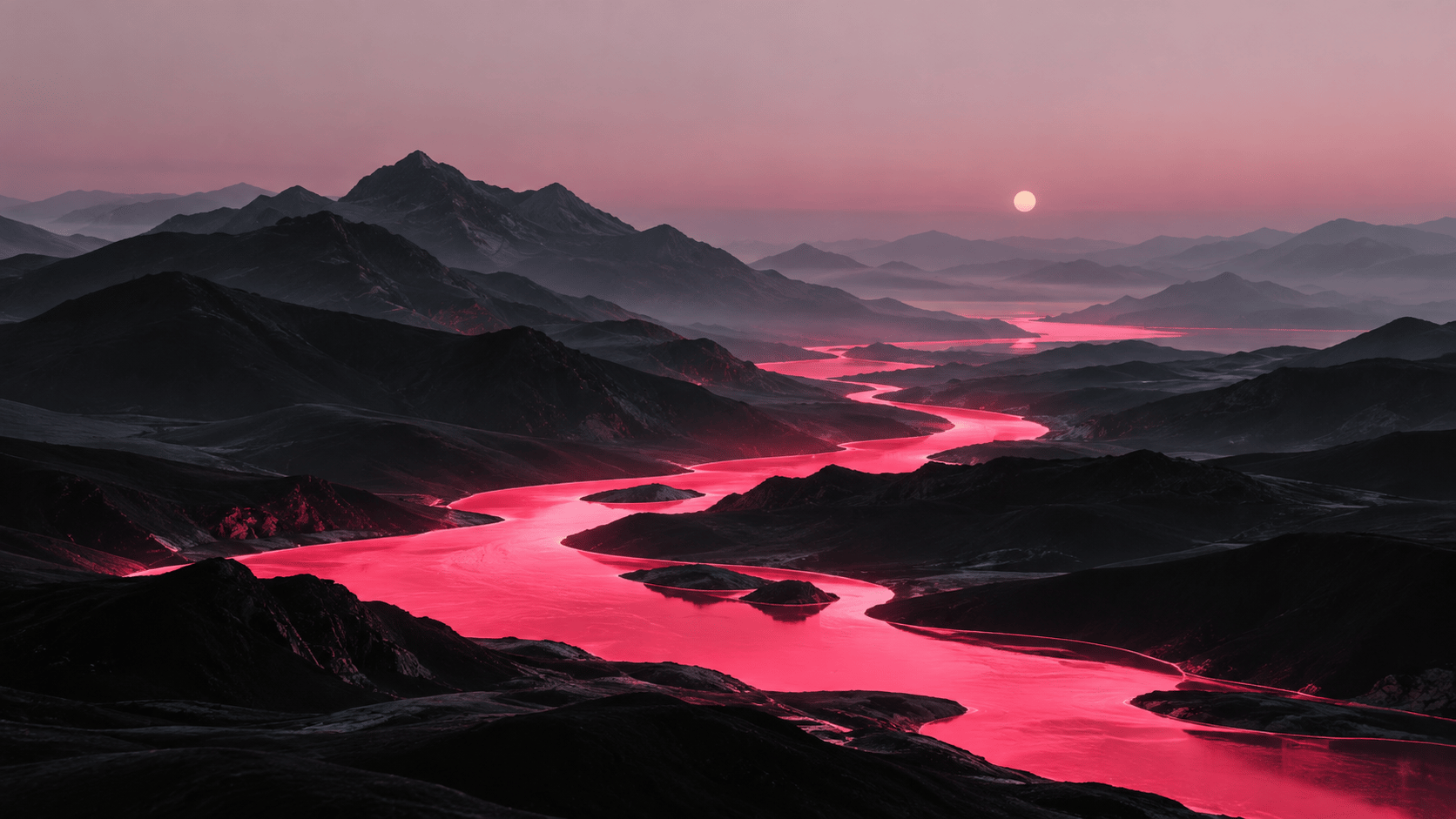 A surreal cinematic landscape in a minimalist neon-art style, enormous matte-black mountains forming smooth sculptural layers across the frame, a single glowing electric-pink river winding from the distant horizon through the mountains toward the bottom foreground, the river emitting a soft magenta glow onto the surrounding dark terrain, pale dusty lavender sky, tiny warm-white moon near the horizon, dramatic atmospheric haze, extreme sense of scale, elegant flowing shapes, large areas of clean negative space in the upper-left, sophisticated editorial composition, subtle film grain, restrained color palette of charcoal black, deep navy, hot pink and muted lavender, no buildings, no text, no border, no excessive detail, 16:9 desktop wallpaper, premium website hero background.