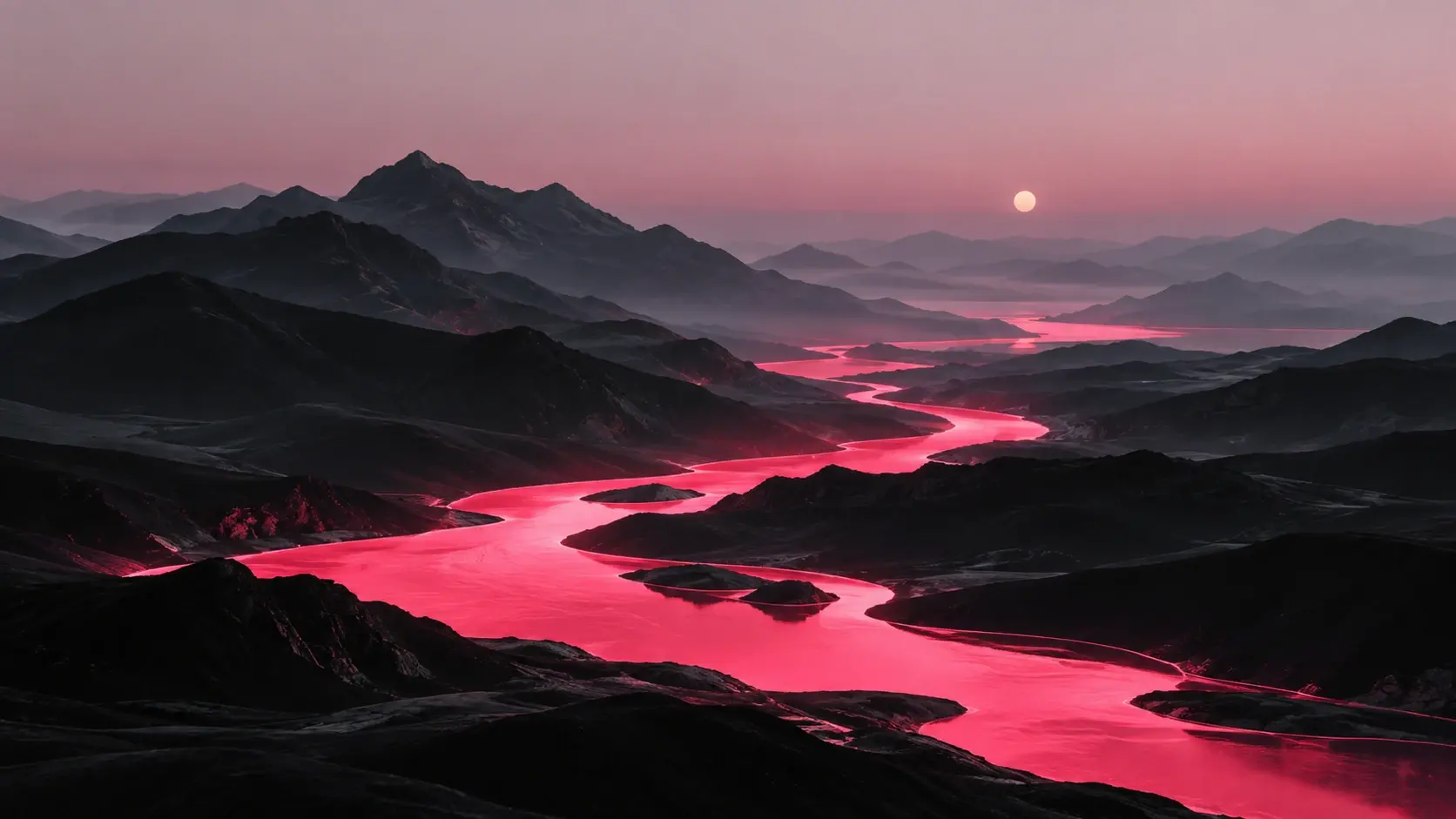 A surreal cinematic landscape in a minimalist neon-art style, enormous matte-black mountains forming smooth sculptural layers across the frame, a single glowing electric-pink river winding from the distant horizon through the mountains toward the bottom foreground, the river emitting a soft magenta glow onto the surrounding dark terrain, pale dusty lavender sky, tiny warm-white moon near the horizon, dramatic atmospheric haze, extreme sense of scale, elegant flowing shapes, large areas of clean negative space in the upper-left, sophisticated editorial composition, subtle film grain, restrained color palette of charcoal black, deep navy, hot pink and muted lavender, no buildings, no text, no border, no excessive detail, 16:9 desktop wallpaper, premium website hero background.