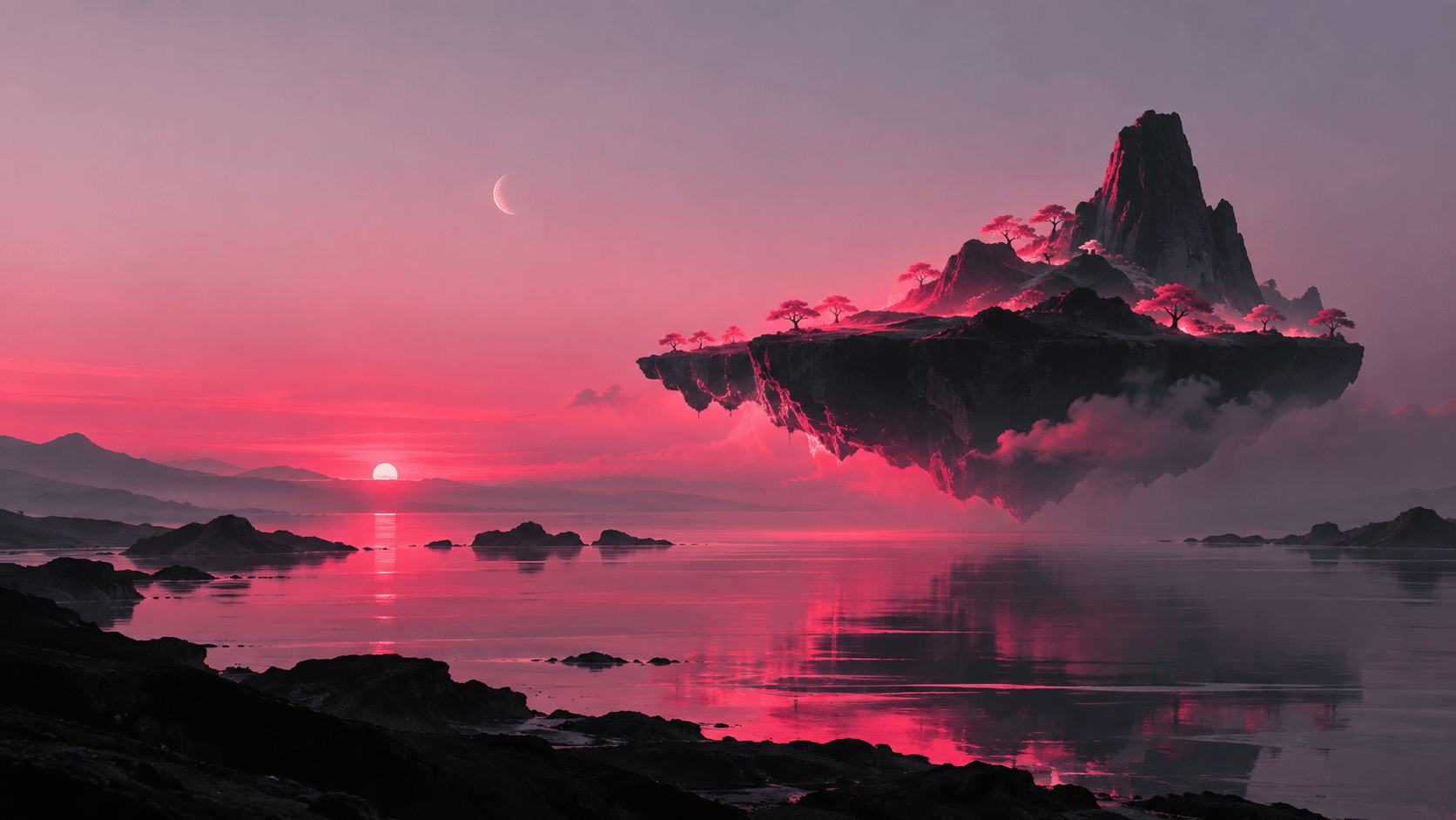 A surreal minimalist ocean landscape at twilight, an enormous perfectly calm dark-blue ocean occupying most of the frame, a strange isolated black rocky island floating slightly above the water in the center-right, thin glowing coral-pink vegetation growing along its edges, a soft luminous pink mist surrounding the island, enormous pale lavender sky above, tiny crescent moon far in the distance, long subtle reflection beneath the island, highly simplified geometric landscape forms, cinematic atmospheric depth, huge negative space on the left for website typography, sophisticated futuristic editorial artwork, soft grain, no people, no buildings, no text, 16:9 horizontal desktop hero wallpaper.