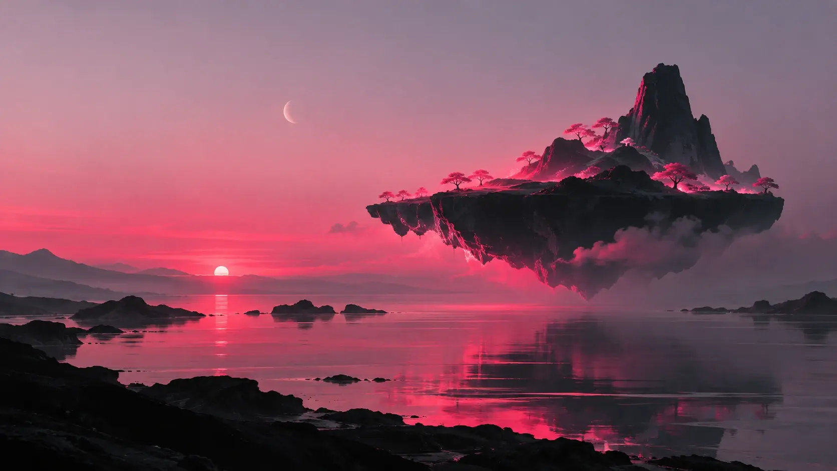 A surreal minimalist ocean landscape at twilight, an enormous perfectly calm dark-blue ocean occupying most of the frame, a strange isolated black rocky island floating slightly above the water in the center-right, thin glowing coral-pink vegetation growing along its edges, a soft luminous pink mist surrounding the island, enormous pale lavender sky above, tiny crescent moon far in the distance, long subtle reflection beneath the island, highly simplified geometric landscape forms, cinematic atmospheric depth, huge negative space on the left for website typography, sophisticated futuristic editorial artwork, soft grain, no people, no buildings, no text, 16:9 horizontal desktop hero wallpaper.