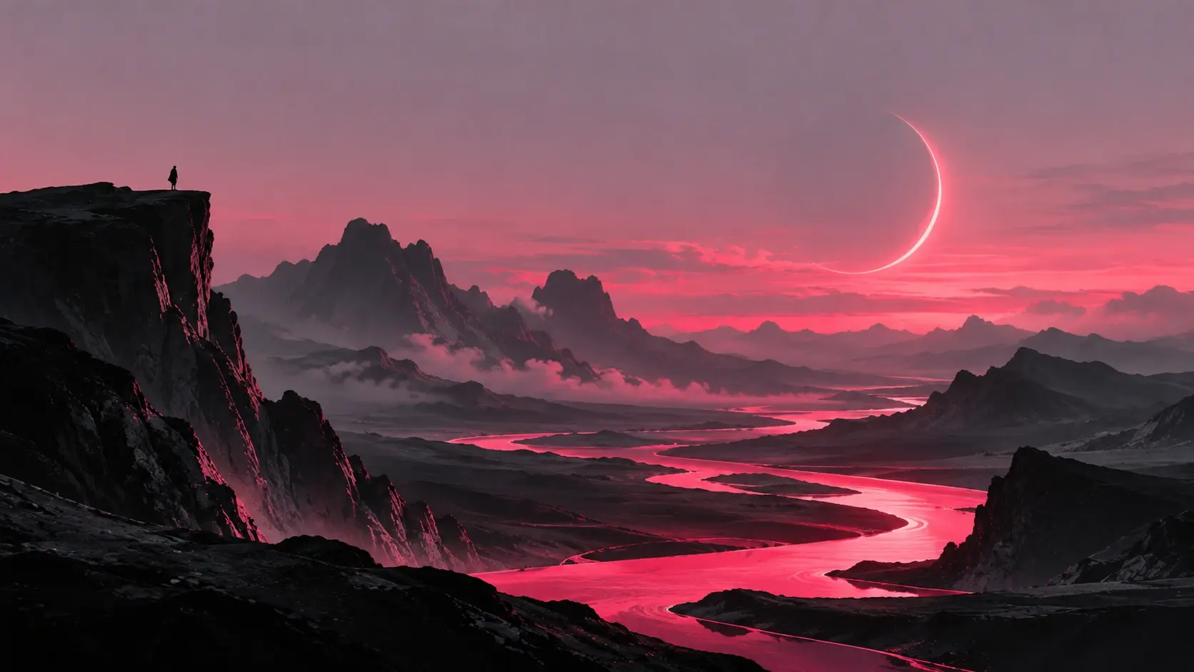 A vast surreal black mountain valley viewed from an elevated perspective, gigantic smooth charcoal mountains creating dramatic diagonal formations from the corners toward the center, a thin branching neon-magenta lightning-like stream running through the valley floor, glowing intensely against the almost completely black landscape, distant mountains fading into dusty violet atmospheric haze, pale mauve sky, one tiny warm glowing star, highly graphic composition with strong sweeping curves and sharp contrast, mysterious and cinematic rather than sci-fi, large uncluttered negative space in the upper-right for hero typography, subtle analog grain, 16:9 desktop wallpaper, premium editorial website hero.