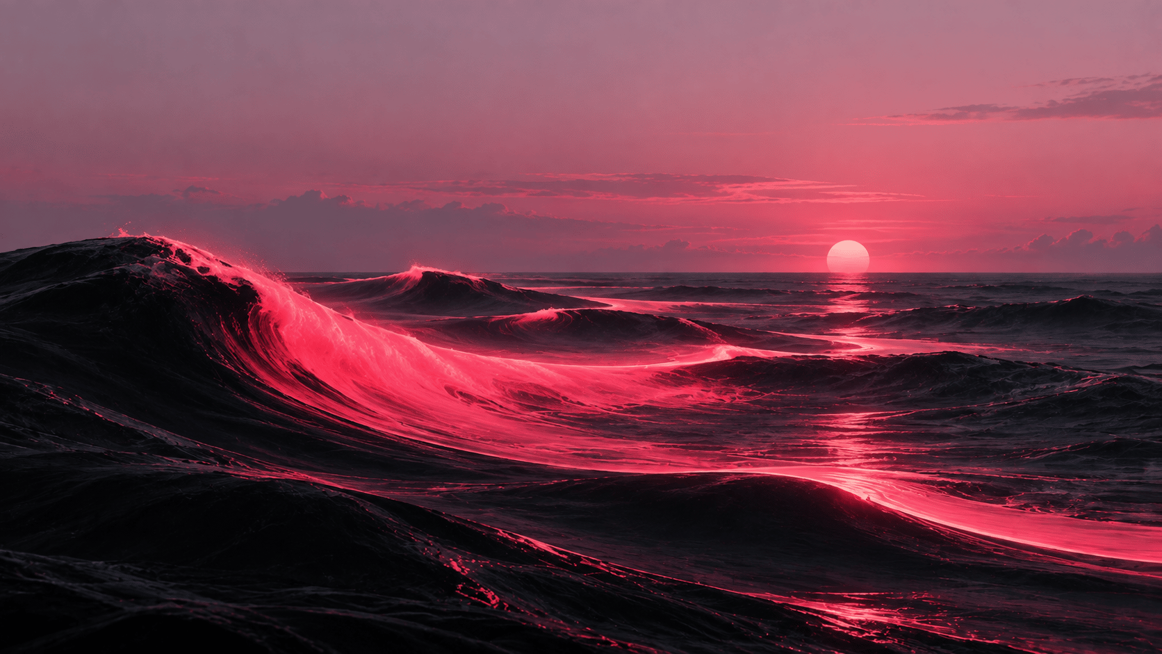 An abstract surreal seascape at dusk, viewed almost straight toward the horizon, enormous dark navy ocean with perfectly smooth rolling waves, one gigantic wave curving elegantly across the entire foreground like a sculptural ribbon, the crest illuminated with a saturated hot-pink neon glow that gradually fades into deep crimson, extremely soft pale pink-lavender sky, tiny glowing white sun positioned low near the horizon, minimalist composition, no recognizable coastline, sophisticated fashion-editorial atmosphere, soft haze, subtle texture, enormous clean negative space above the horizon for website text, 16:9 cinematic desktop wallpaper.