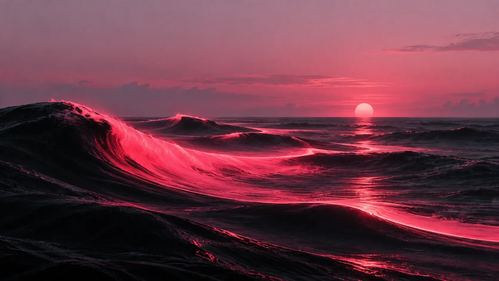 An abstract surreal seascape at dusk, viewed almost straight toward the horizon, enormous dark navy ocean with perfectly smooth rolling waves, one gigantic wave curving elegantly across the entire foreground like a sculptural ribbon, the crest illuminated with a saturated hot-pink neon glow that gradually fades into deep crimson, extremely soft pale pink-lavender sky, tiny glowing white sun positioned low near the horizon, minimalist composition, no recognizable coastline, sophisticated fashion-editorial atmosphere, soft haze, subtle texture, enormous clean negative space above the horizon for website text, 16:9 cinematic desktop wallpaper.