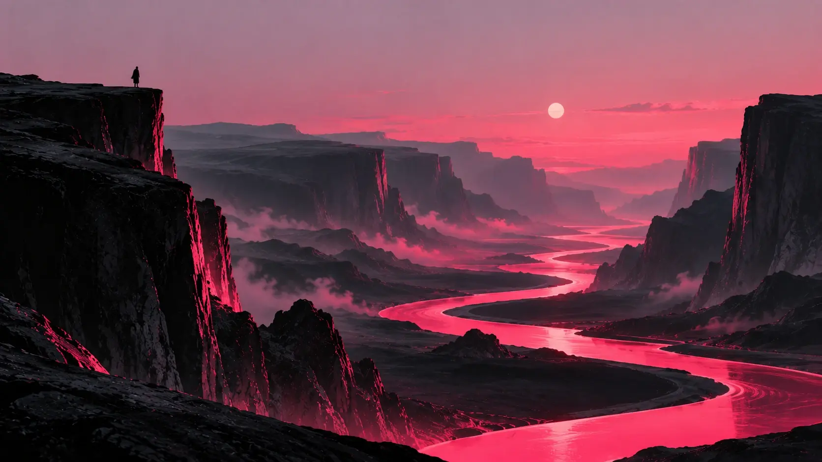 A monumental surreal canyon landscape made entirely from smooth black and charcoal rock, viewed from deep inside the canyon looking toward a distant opening, gigantic curved canyon walls rising from both sides and creating a natural frame, a narrow luminous pink path of light winding through the canyon floor toward the horizon, the glow becoming brighter around each bend, pale lavender-pink sky visible through the opening, tiny human silhouette far in the distance for scale, dramatic depth and perspective, minimalist sculptural forms, mysterious premium editorial aesthetic, subtle atmospheric fog, no buildings, no text, 16:9 desktop hero background.