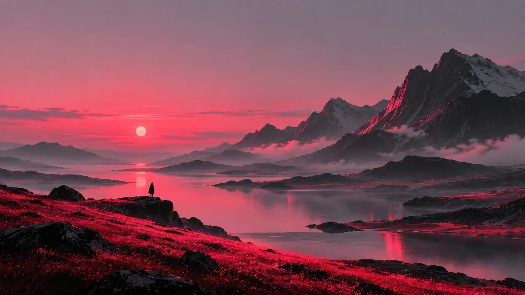 A surreal minimalist landscape of enormous soft rolling hills covered in almost-black grass, viewed from a low cinematic angle, a gigantic dark eclipse suspended above the horizon with a thin intense coral-pink glowing rim, the hills illuminated by subtle magenta light, one impossibly thin neon-pink trail crossing the meadow from foreground to horizon, muted dusty-purple sky with delicate atmospheric clouds, tiny solitary figure walking along the trail, strong asymmetrical composition, huge empty sky area on the right for website typography, elegant and emotional rather than futuristic, analog film grain, 16:9 premium desktop wallpaper.